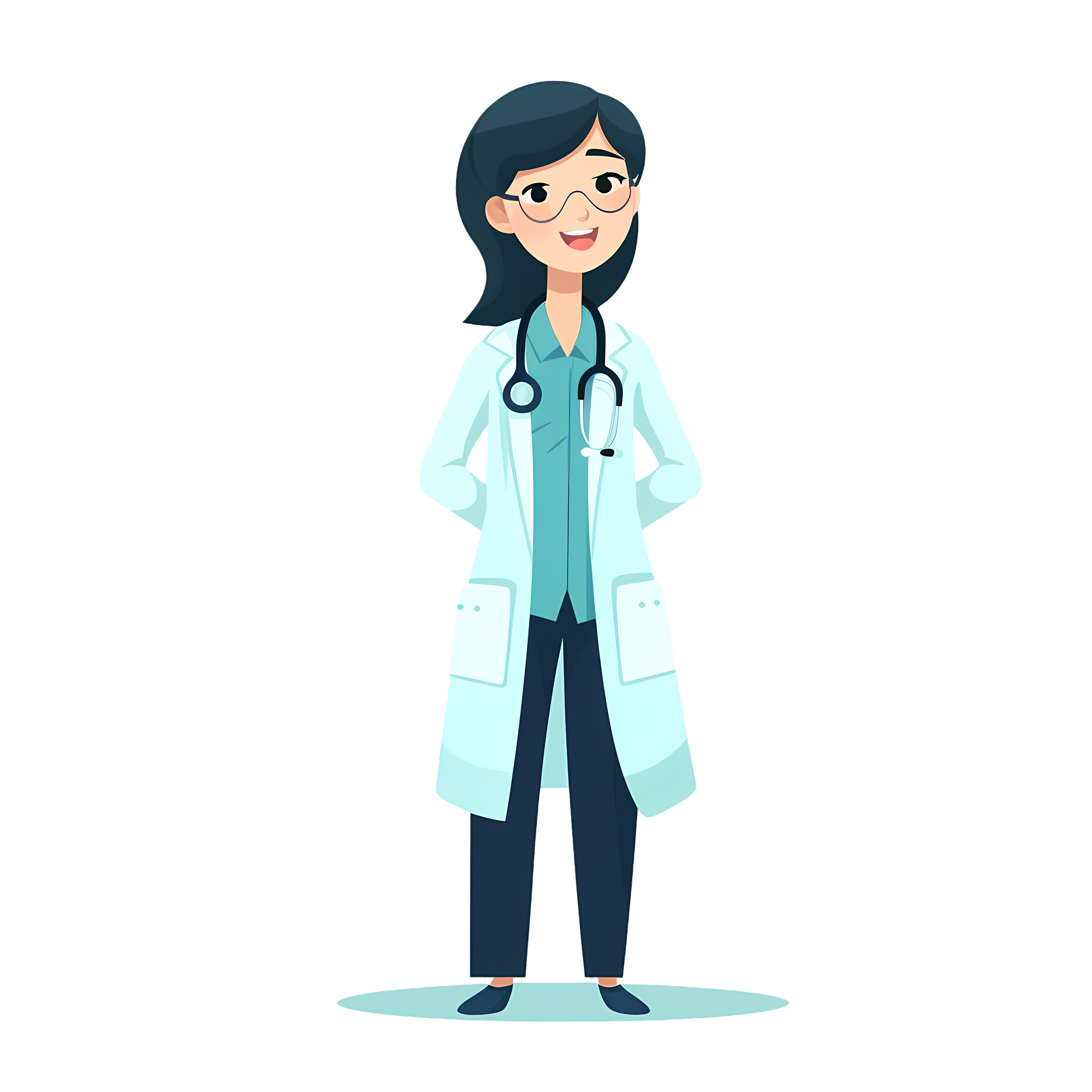 Hand-drawn illustration of an Asian female doctor with a transparent background