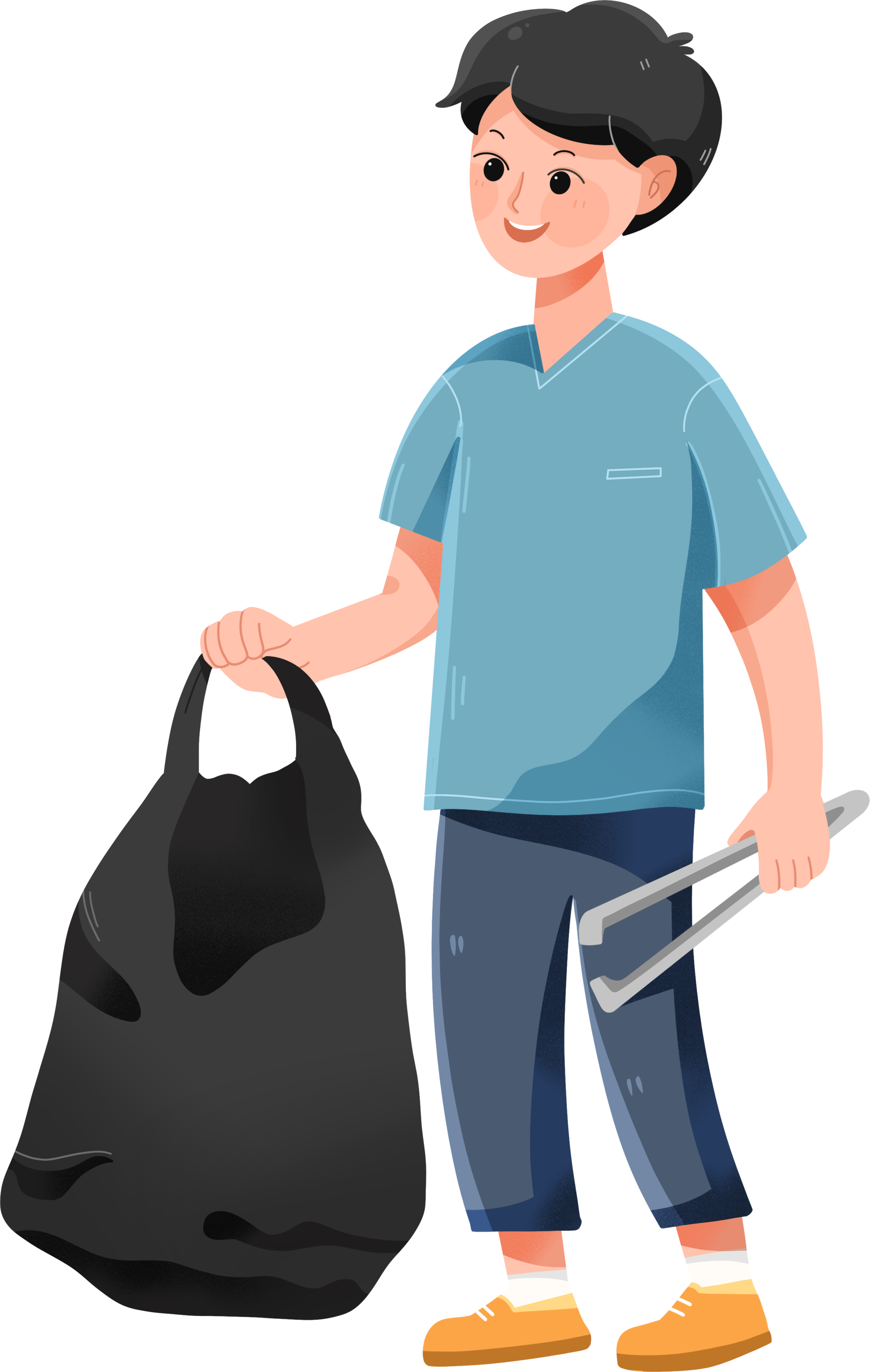 A boy holding a black garbage bag picking up trash