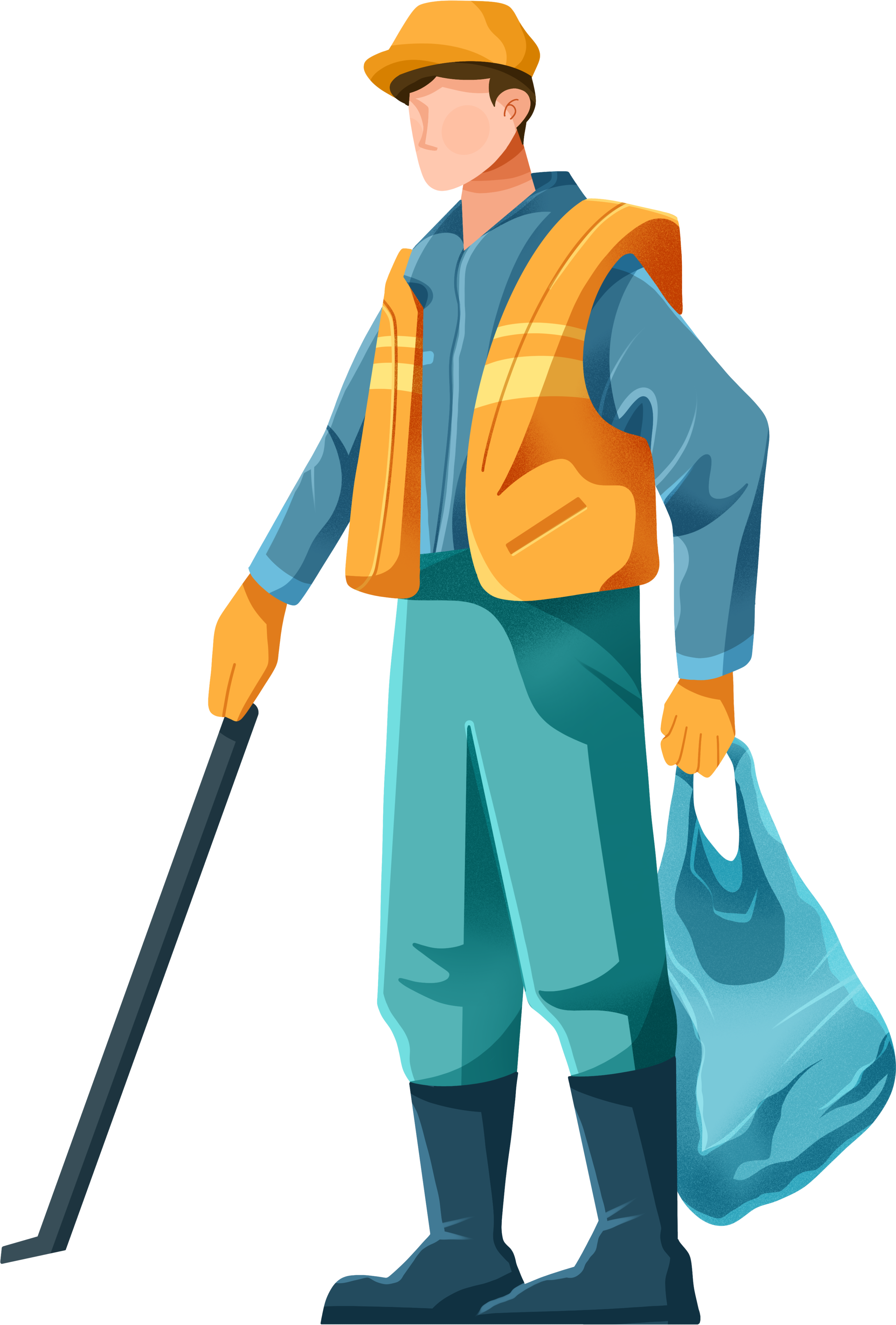 Hand-drawn sanitation worker picking up trash with a garbage bag