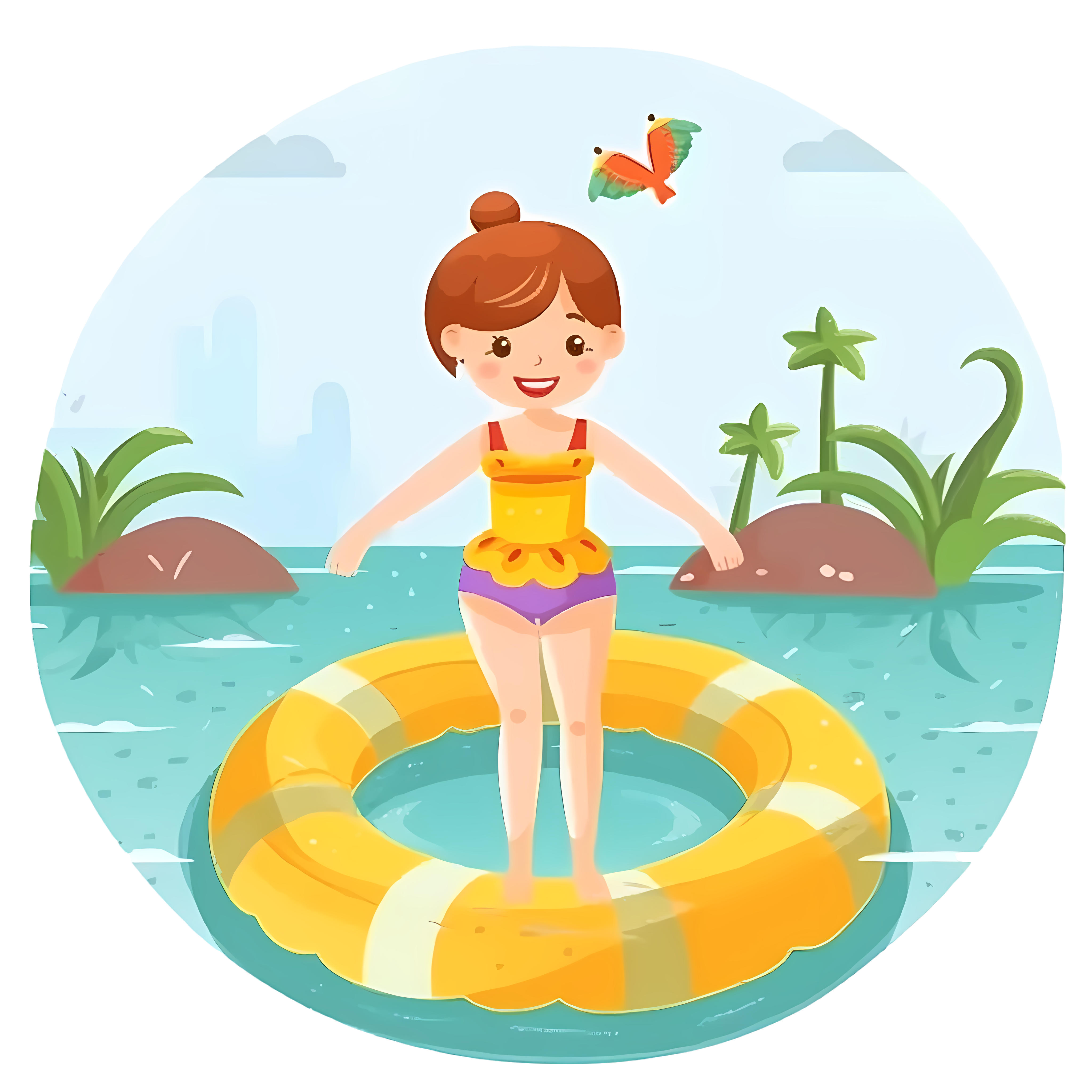 Commercially usable cartoon swimming ring beautiful girl illustration