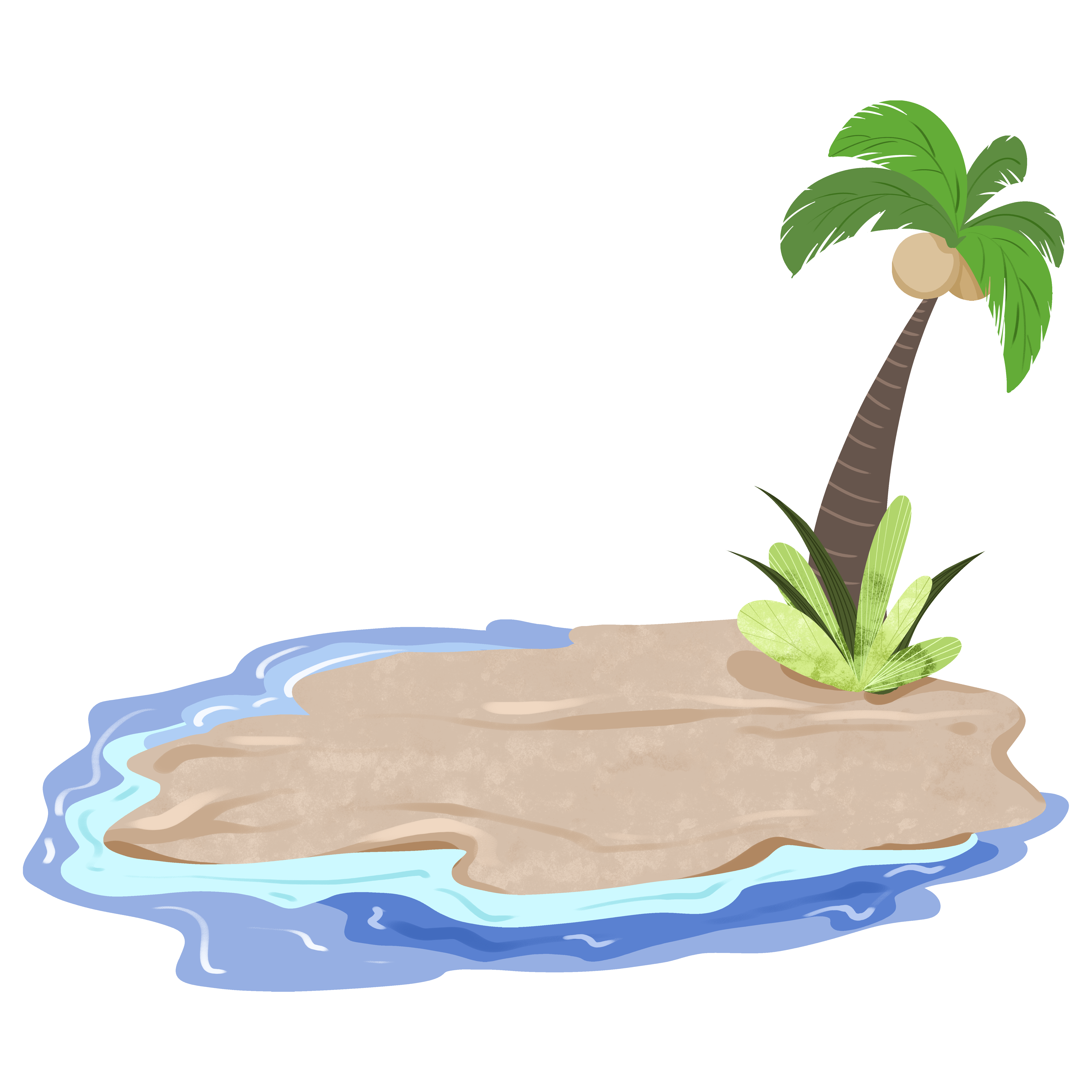 Hand-drawn illustration of a beautiful beach with coconut trees