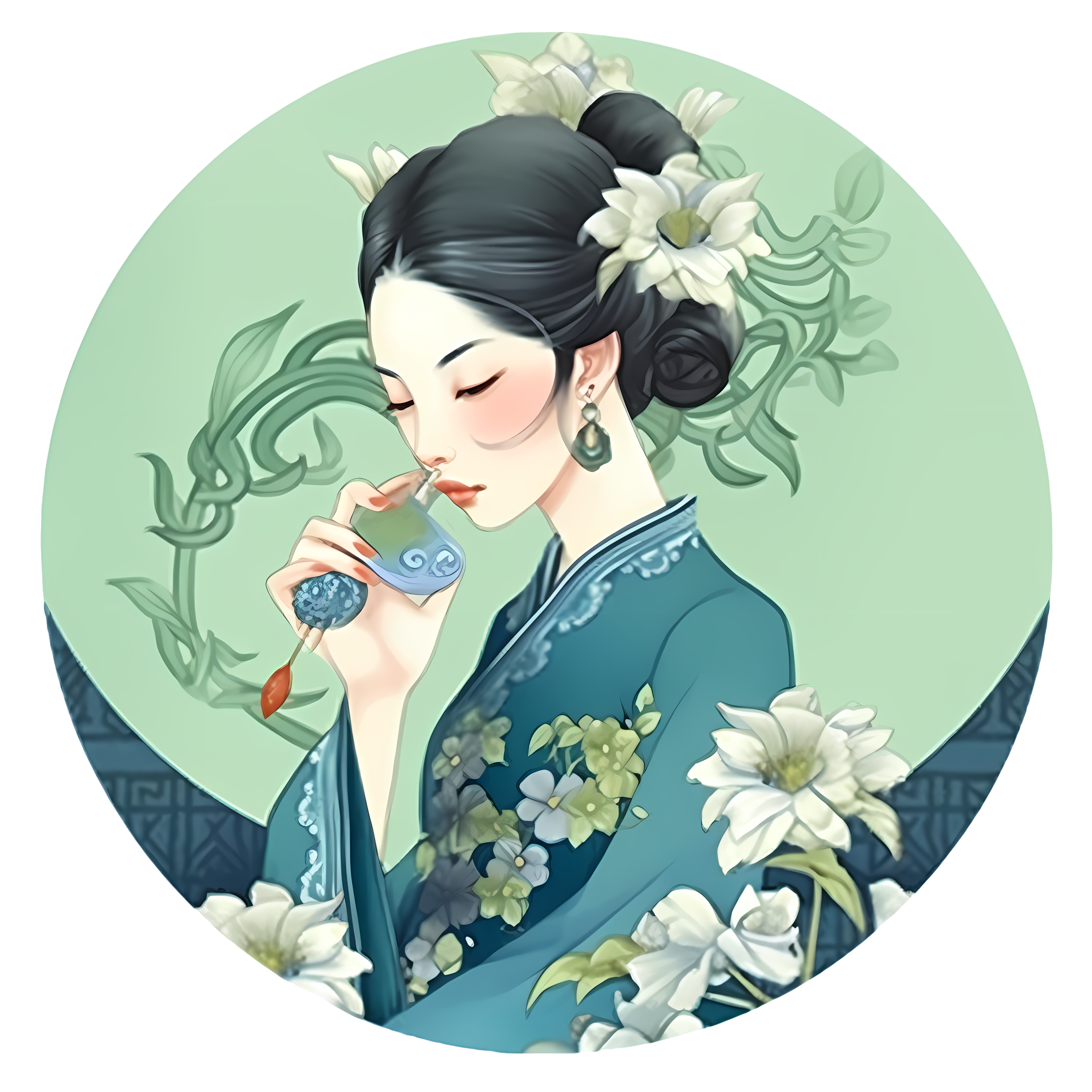 Exquisite illustration design material green circular ancient style female illustration