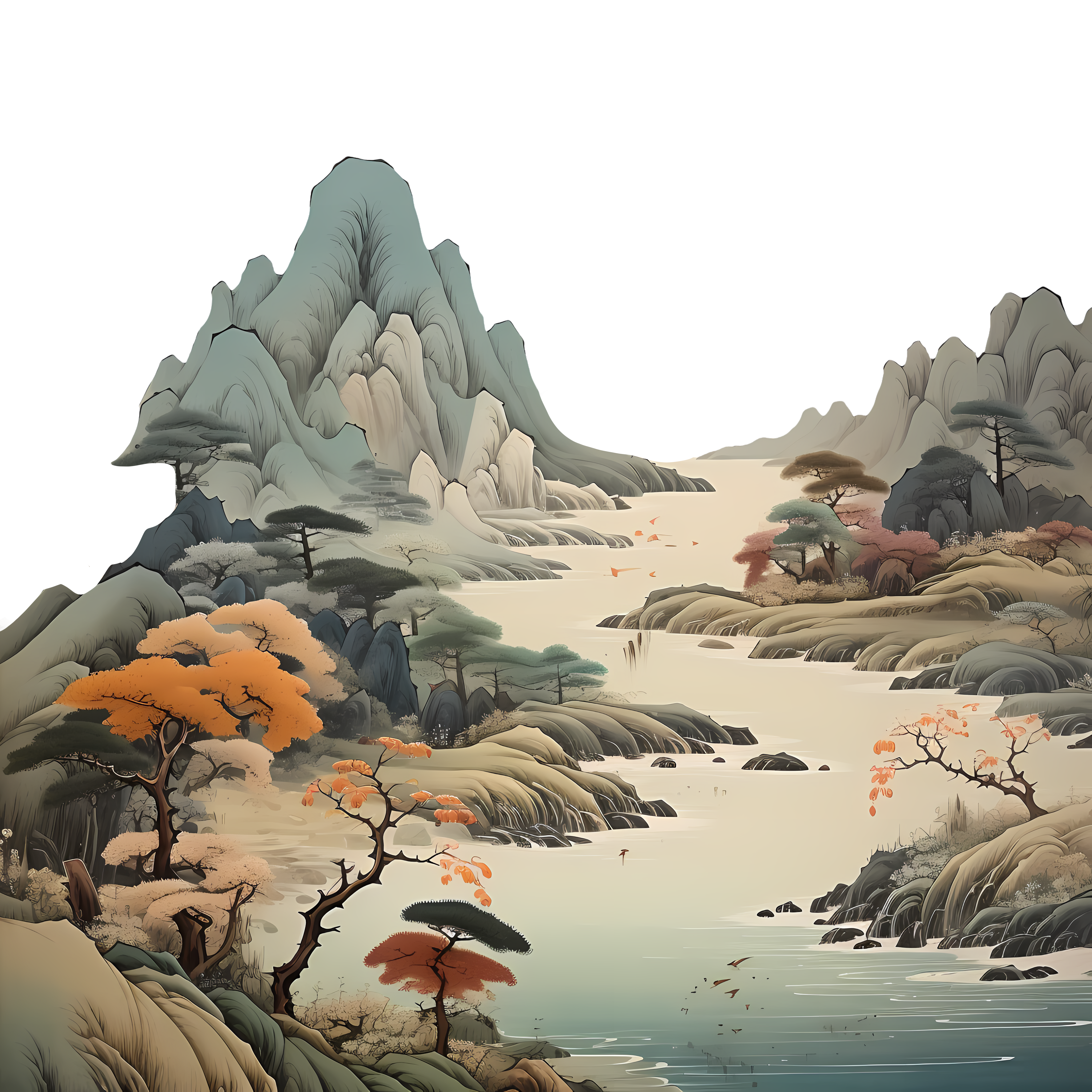 Beautiful illustration of distant mountains, rivers, trees, and scenery