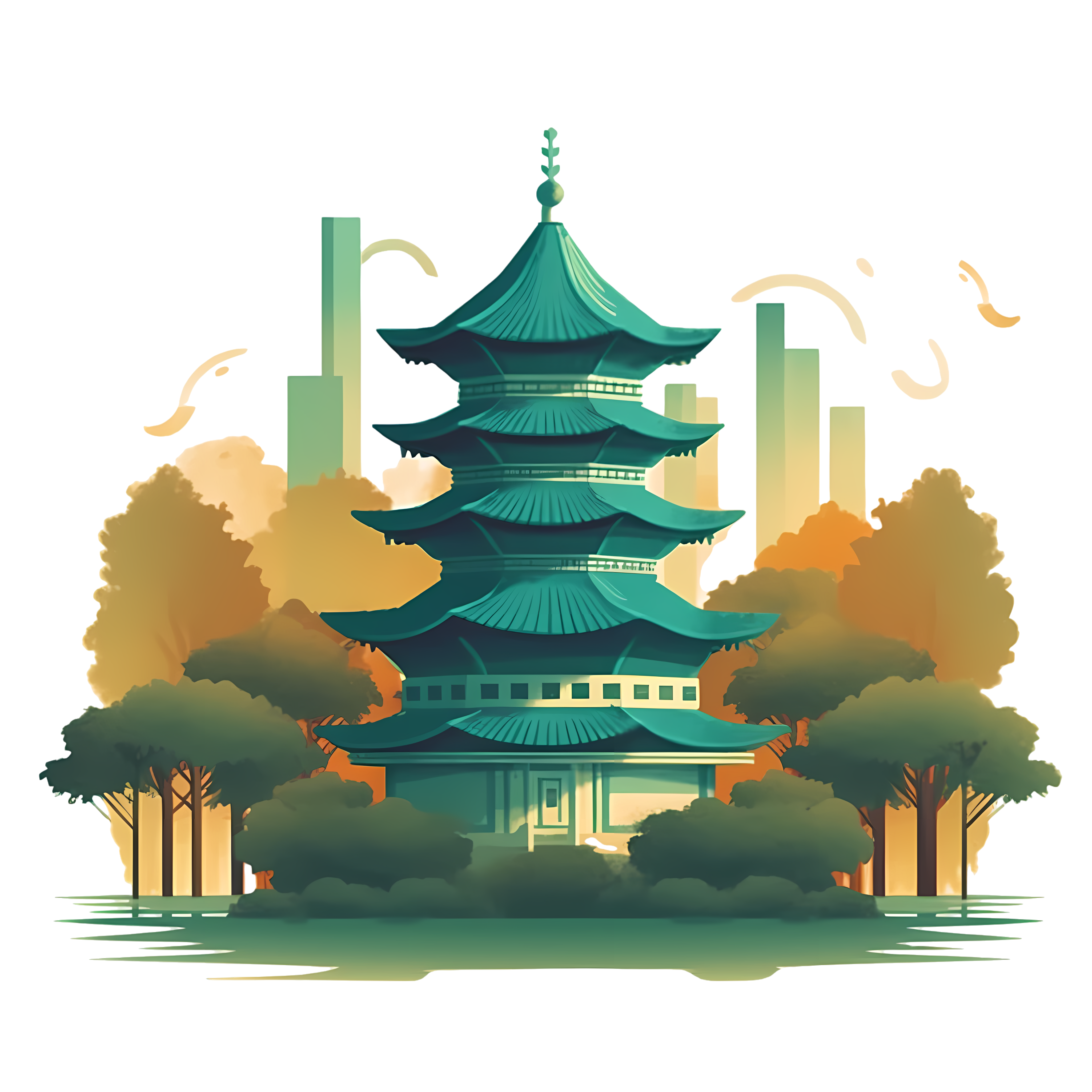 Illustration of a green pagoda in a multi-layered reality style