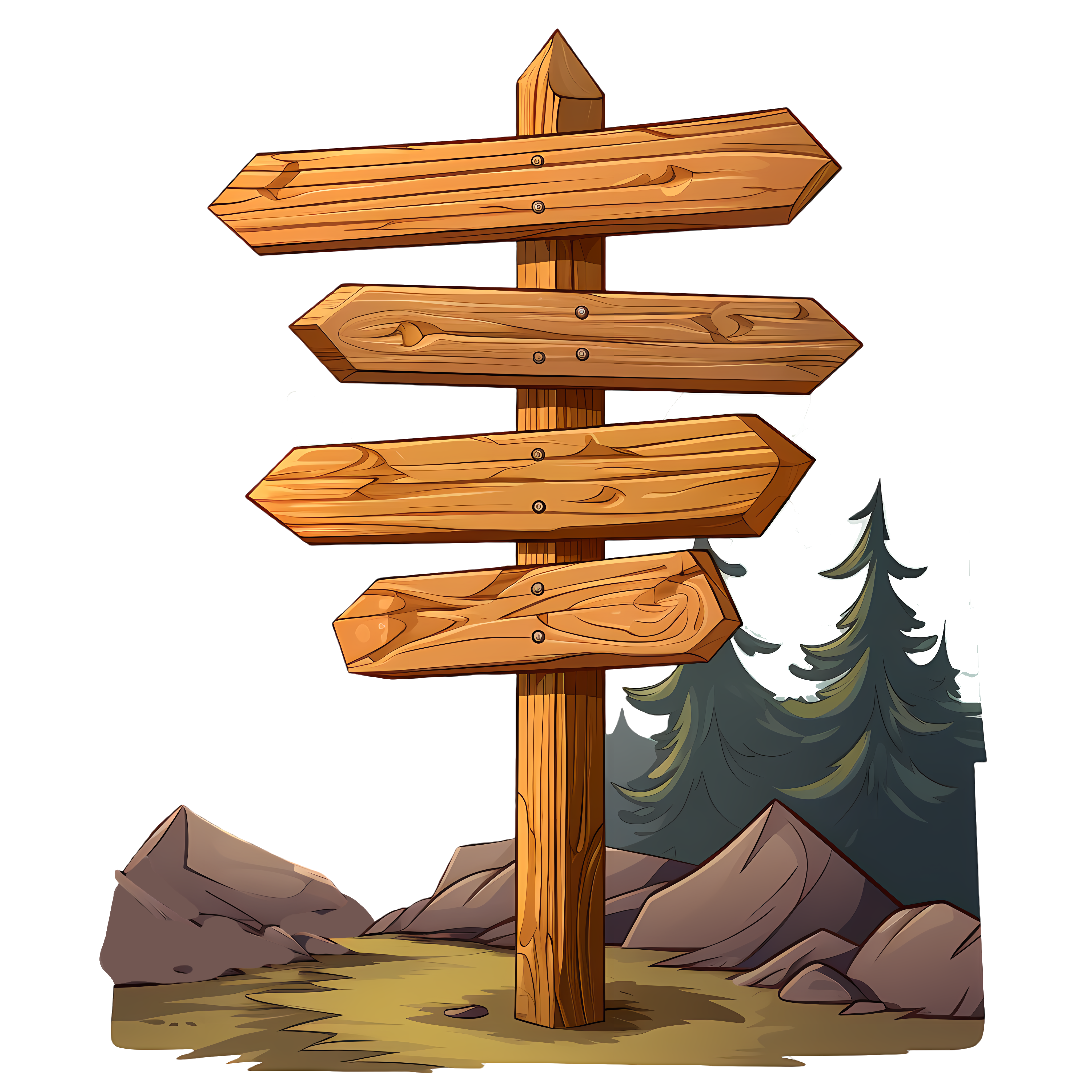 Hand-painted wooden sign illustration in the mountains