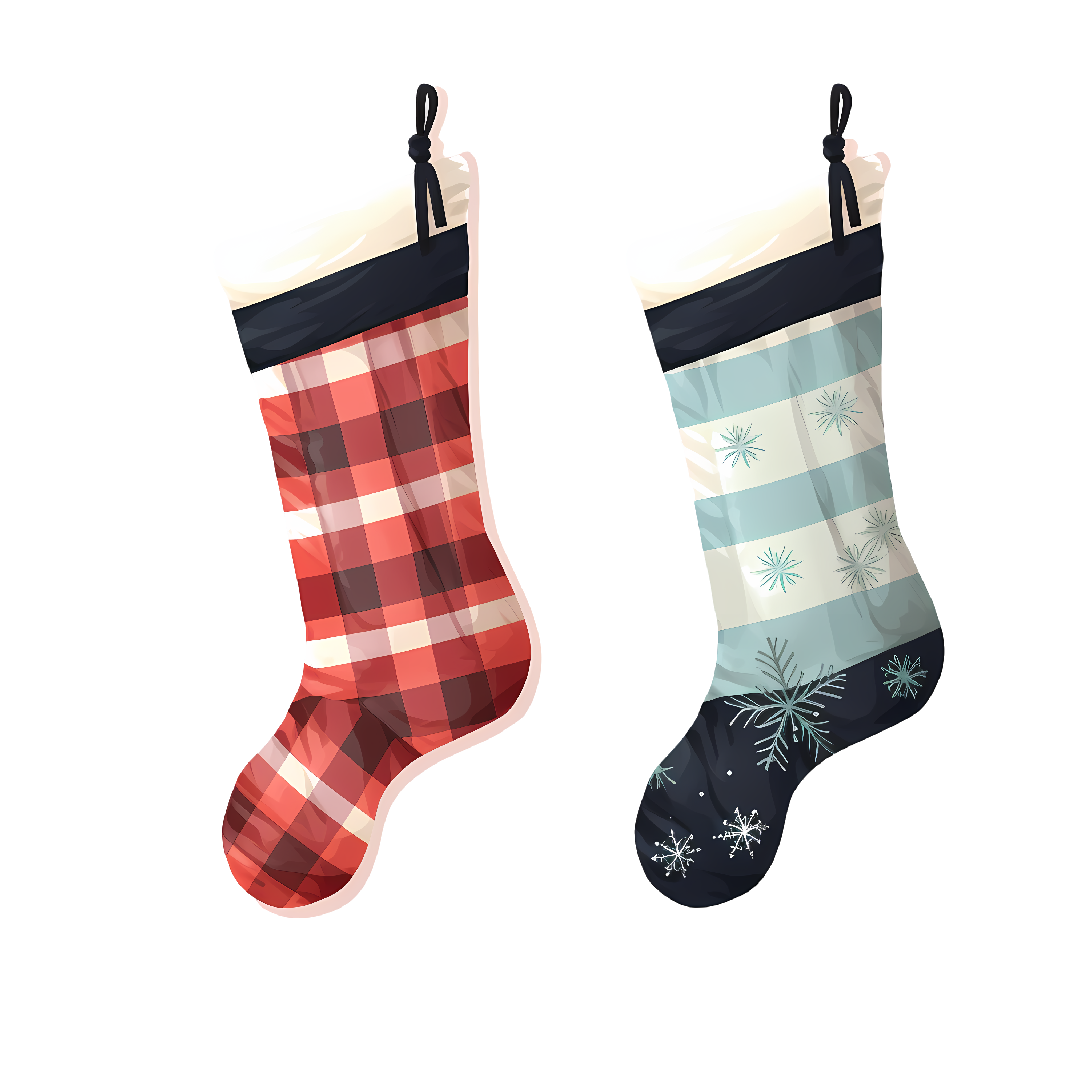 Hand-painted illustration of red and blue checkered Christmas stockings