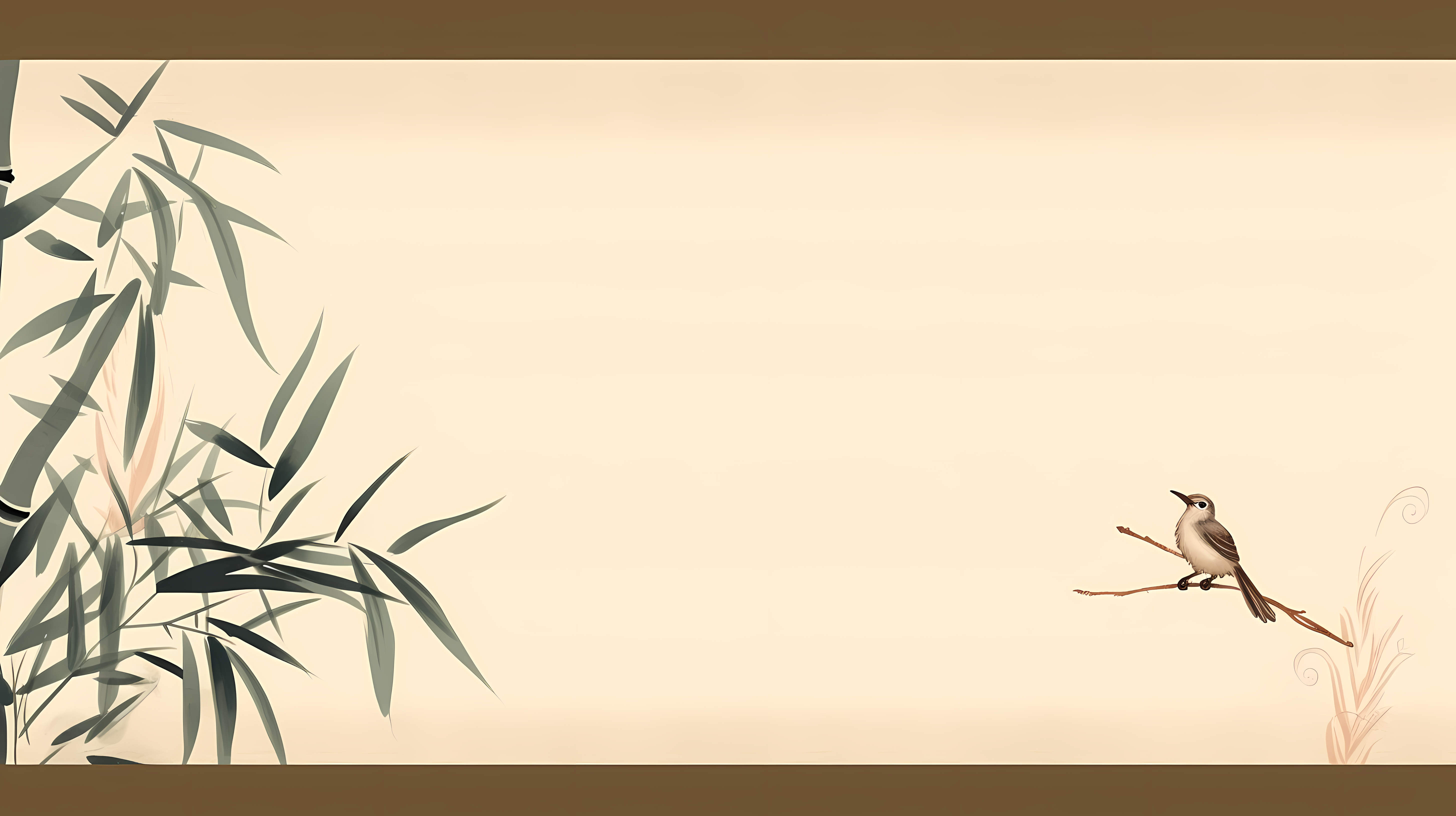 Hand-painted scroll art - minimalist style painting of birds and bamboo pattern