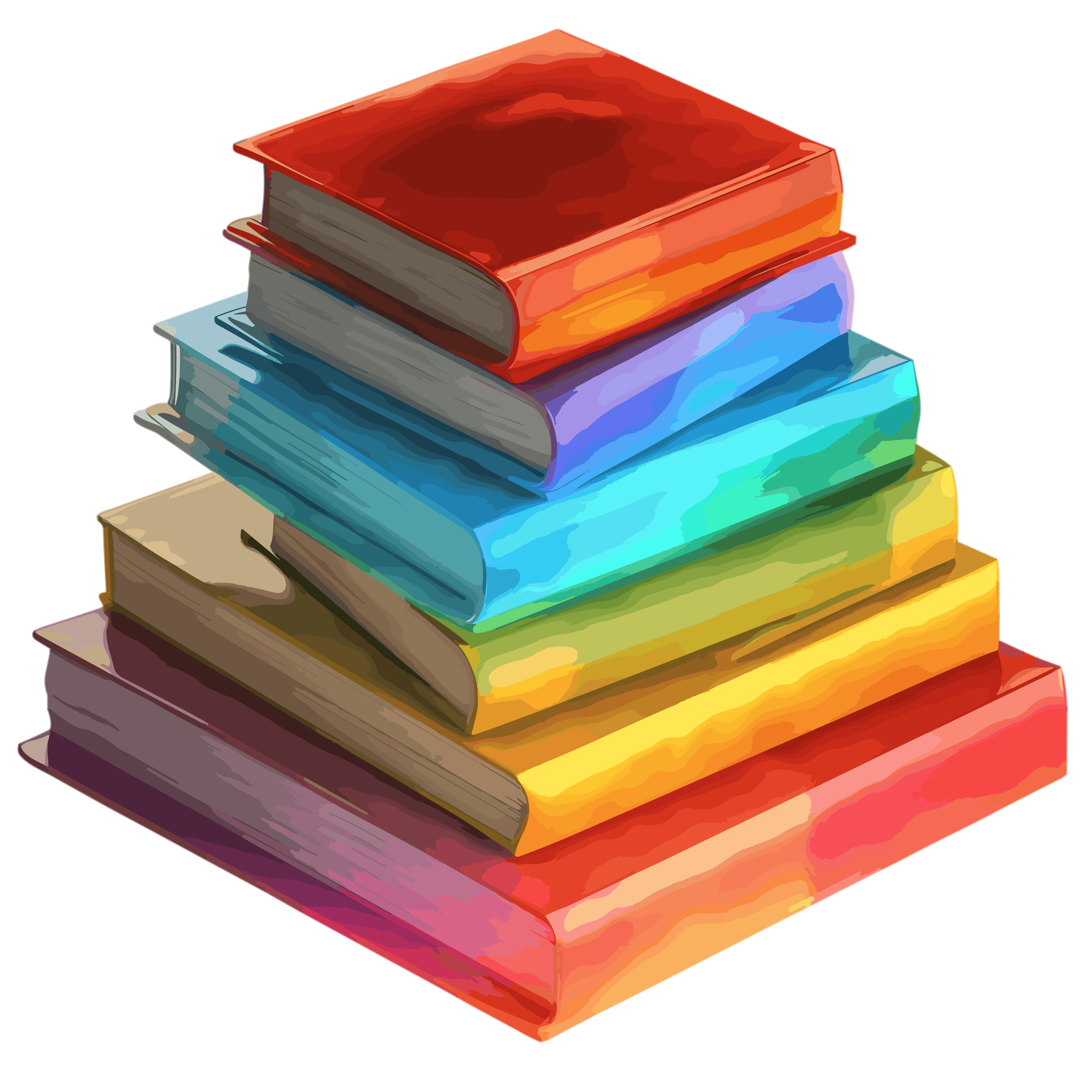 3D blue, red, yellow, green, orange transparent background book stack