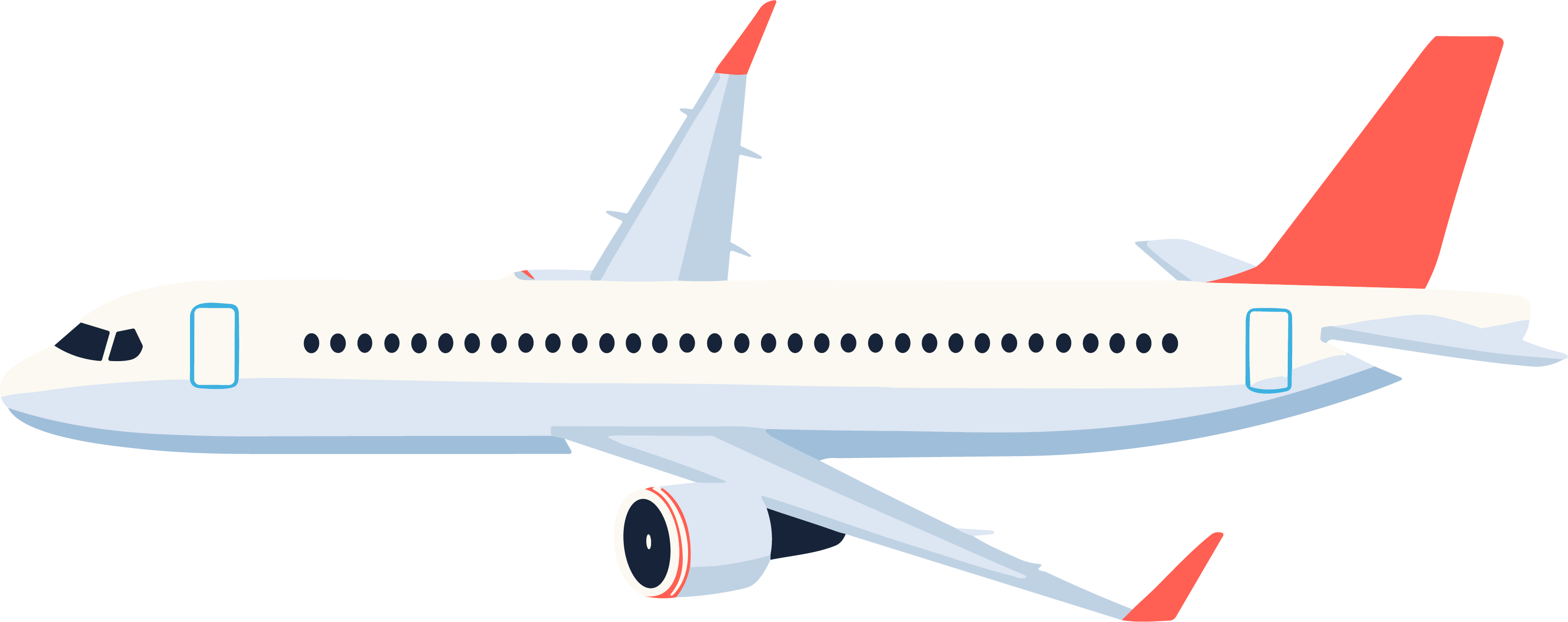 Elements of an airplane flying in the blue sky