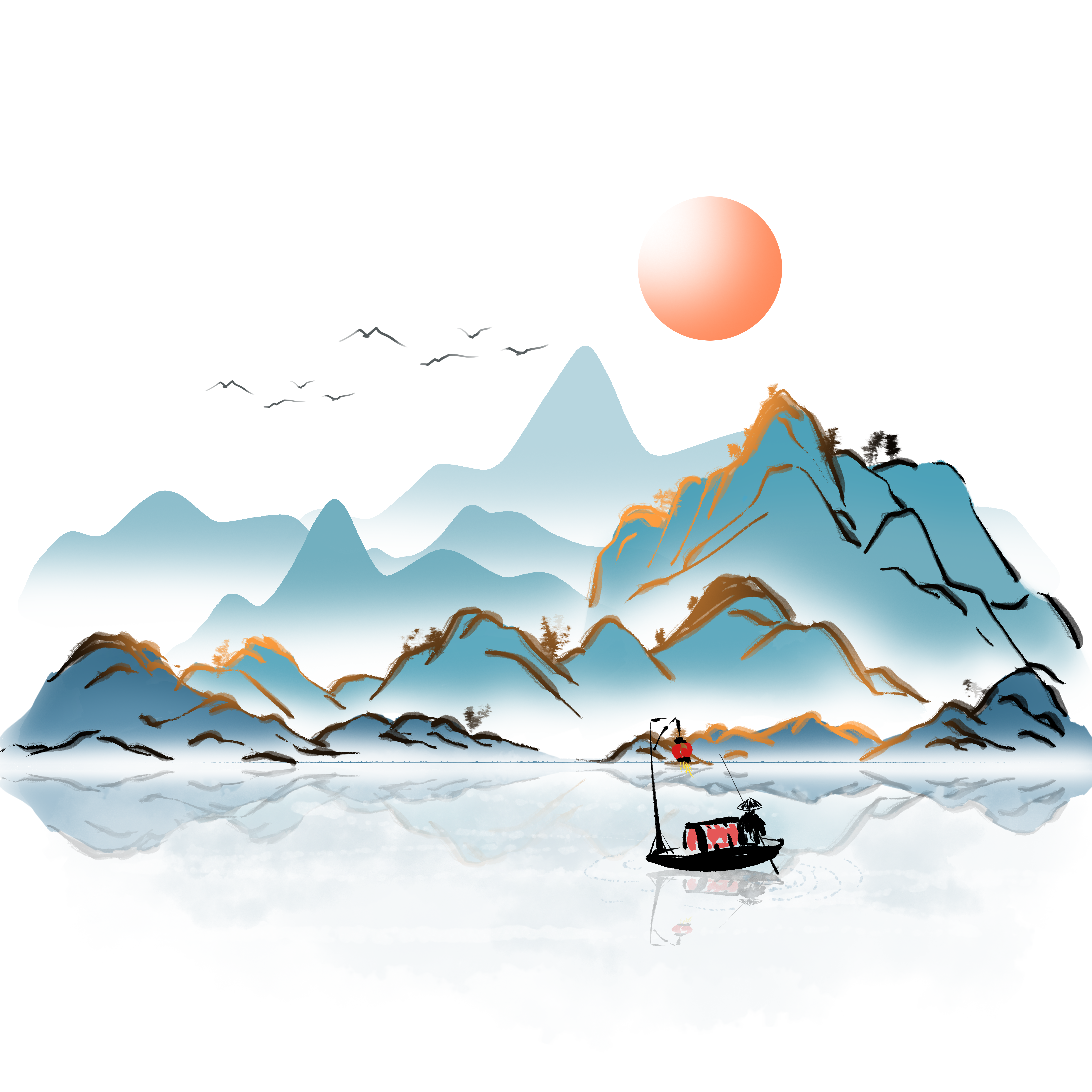 Traditional Chinese painting of distant mountains, red sun, fishing boat, transparent background illustration