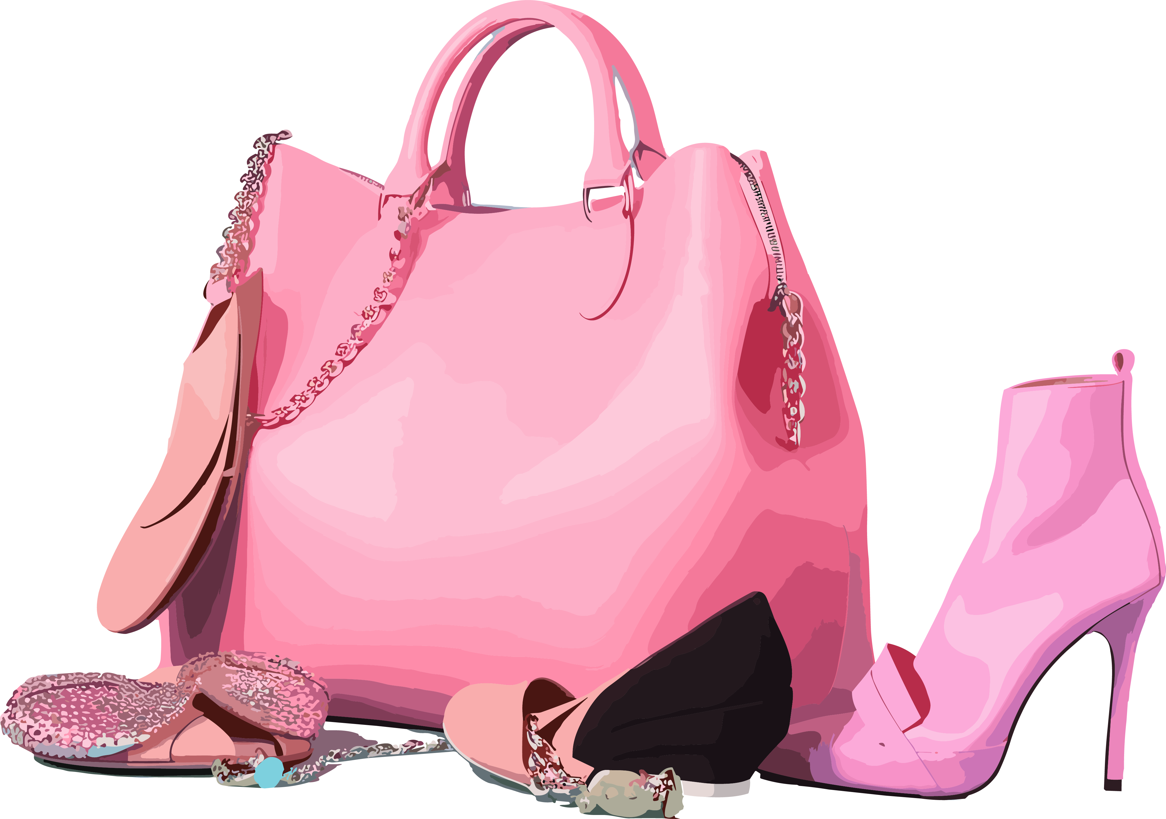 Fashion accessories include handbags on a pink background