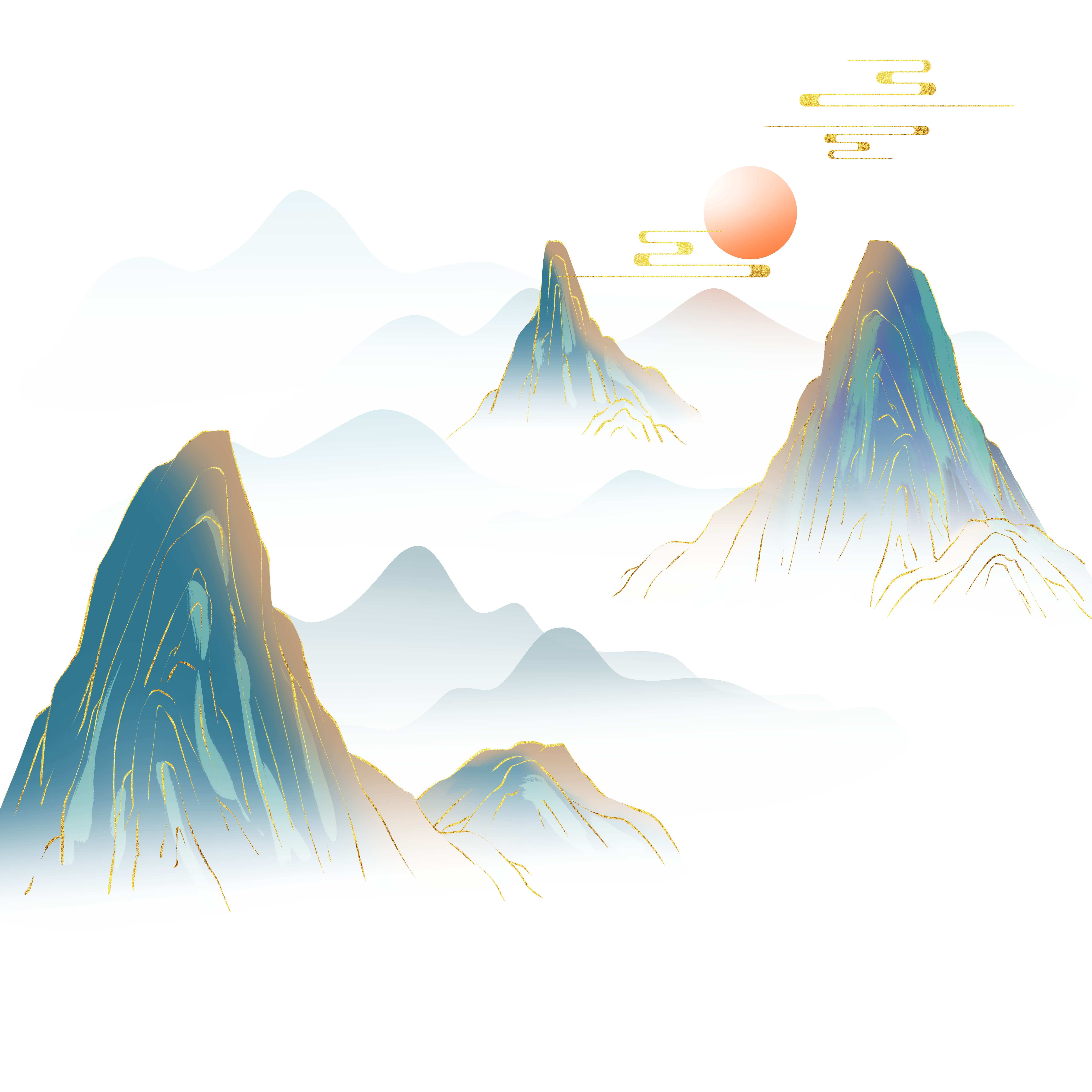 Guochao style green mountains and red sun PNG elements