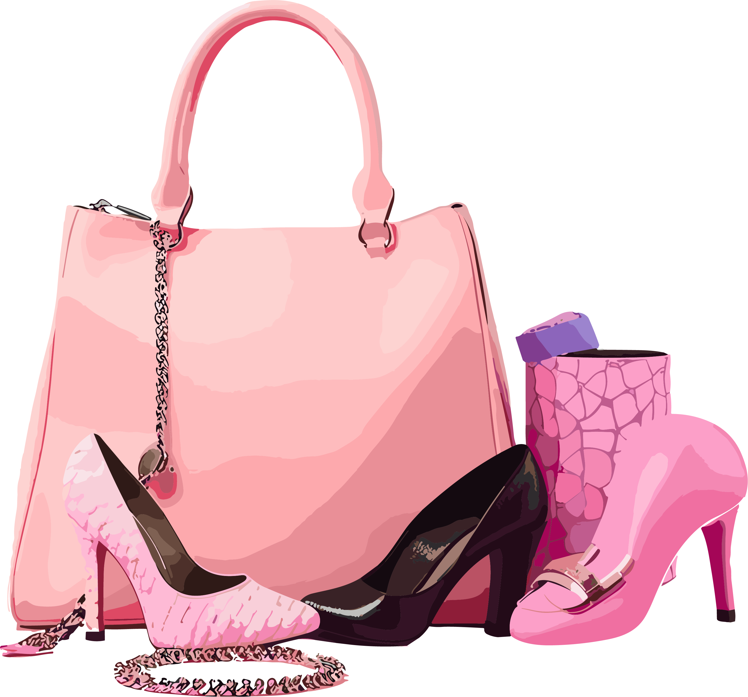 Fashion accessories include handbags, high heels, and bags, with a pink background.