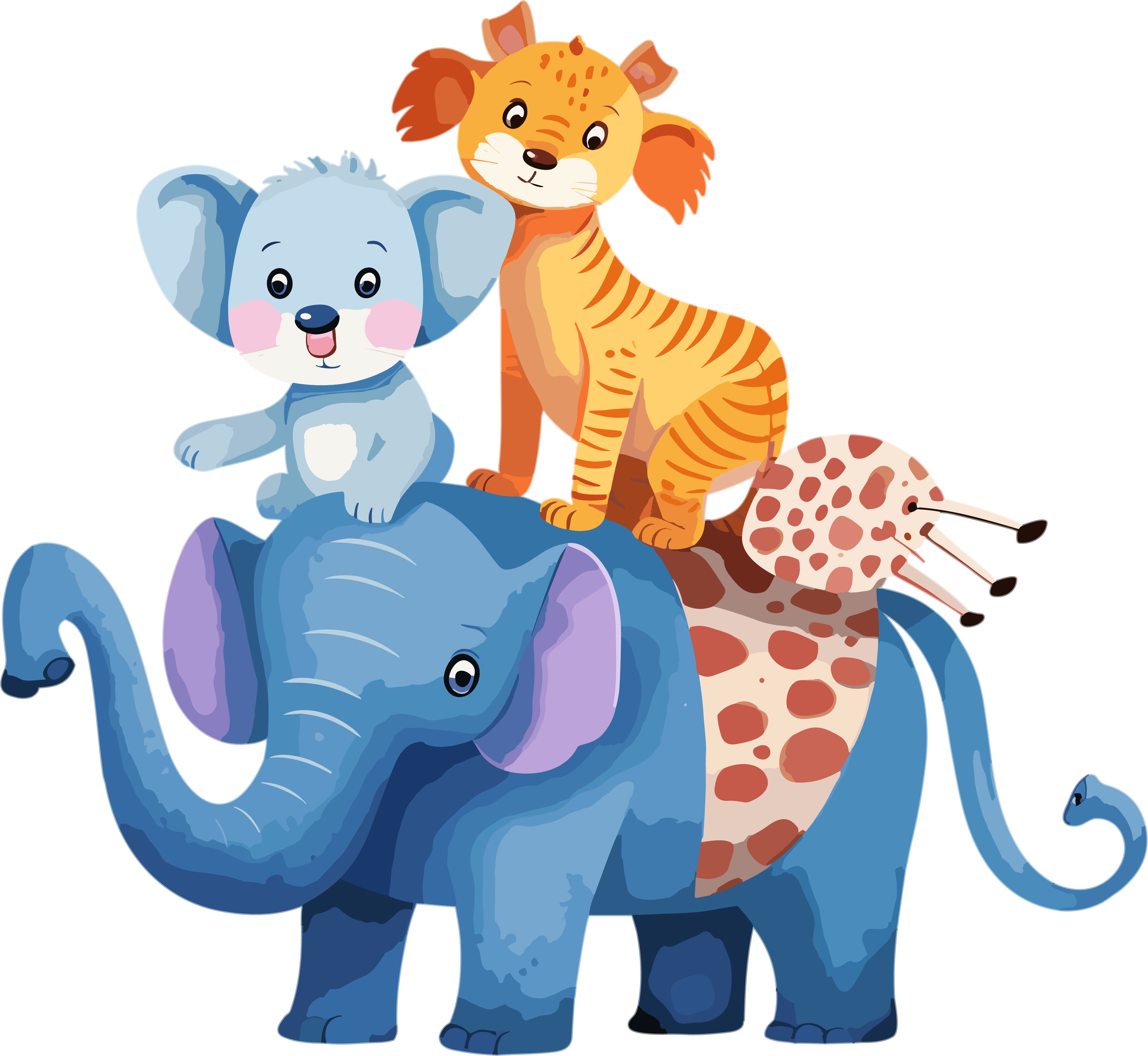 Cute animal illustration elements of an elephant, two cats, and a tiger