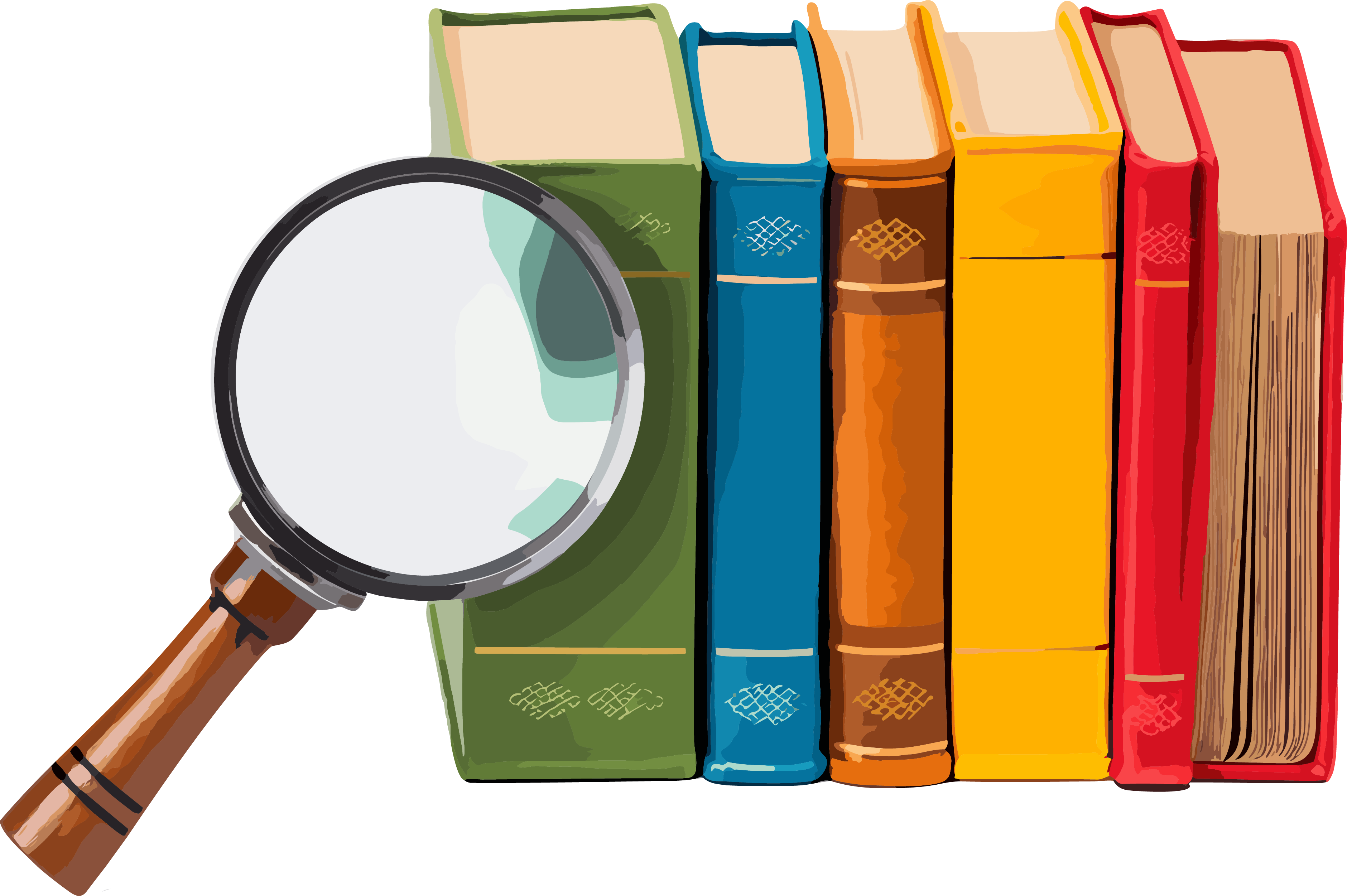 Three books of different colors and a magnifying glass on a white background