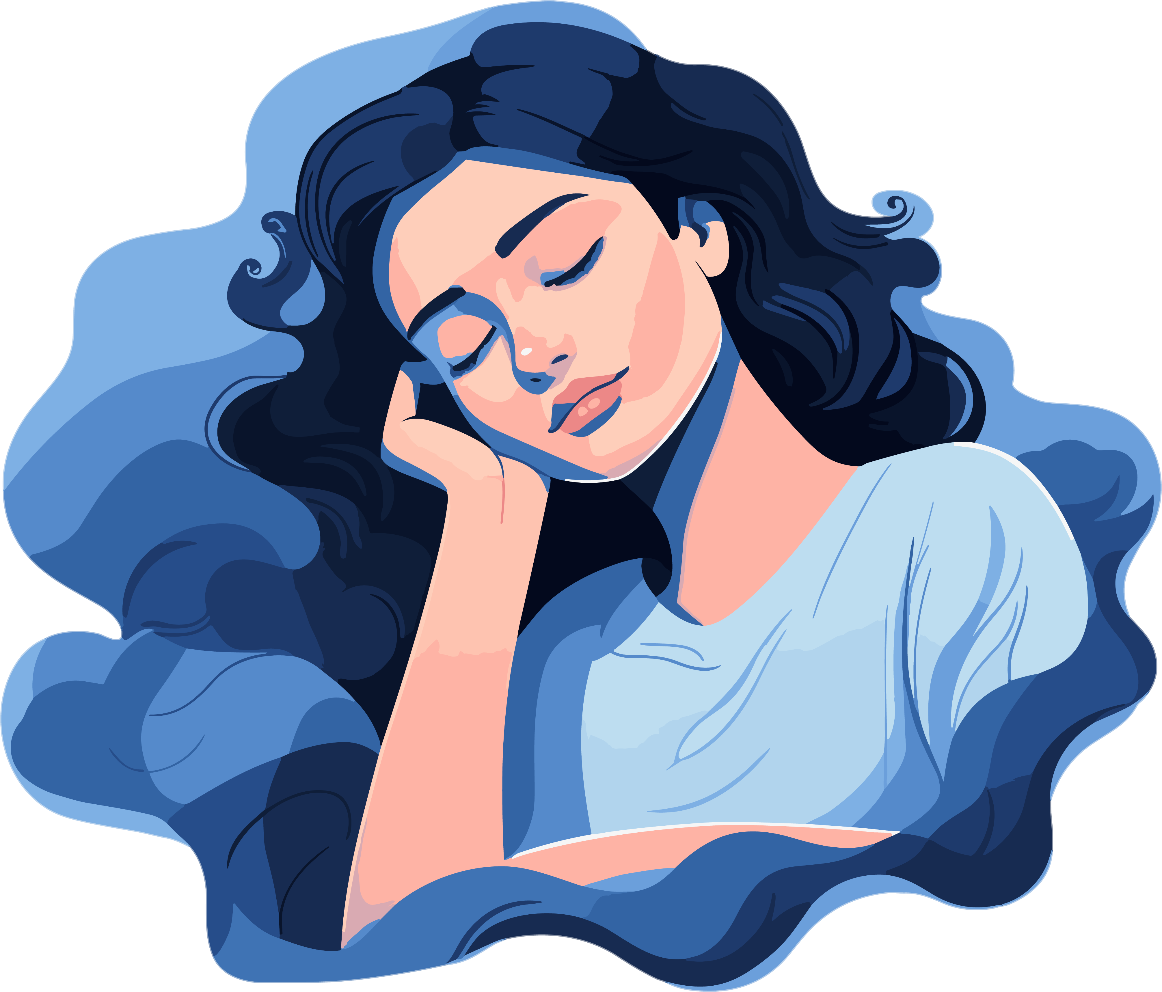 Creative illustration of a sleeping woman on a blue background at night