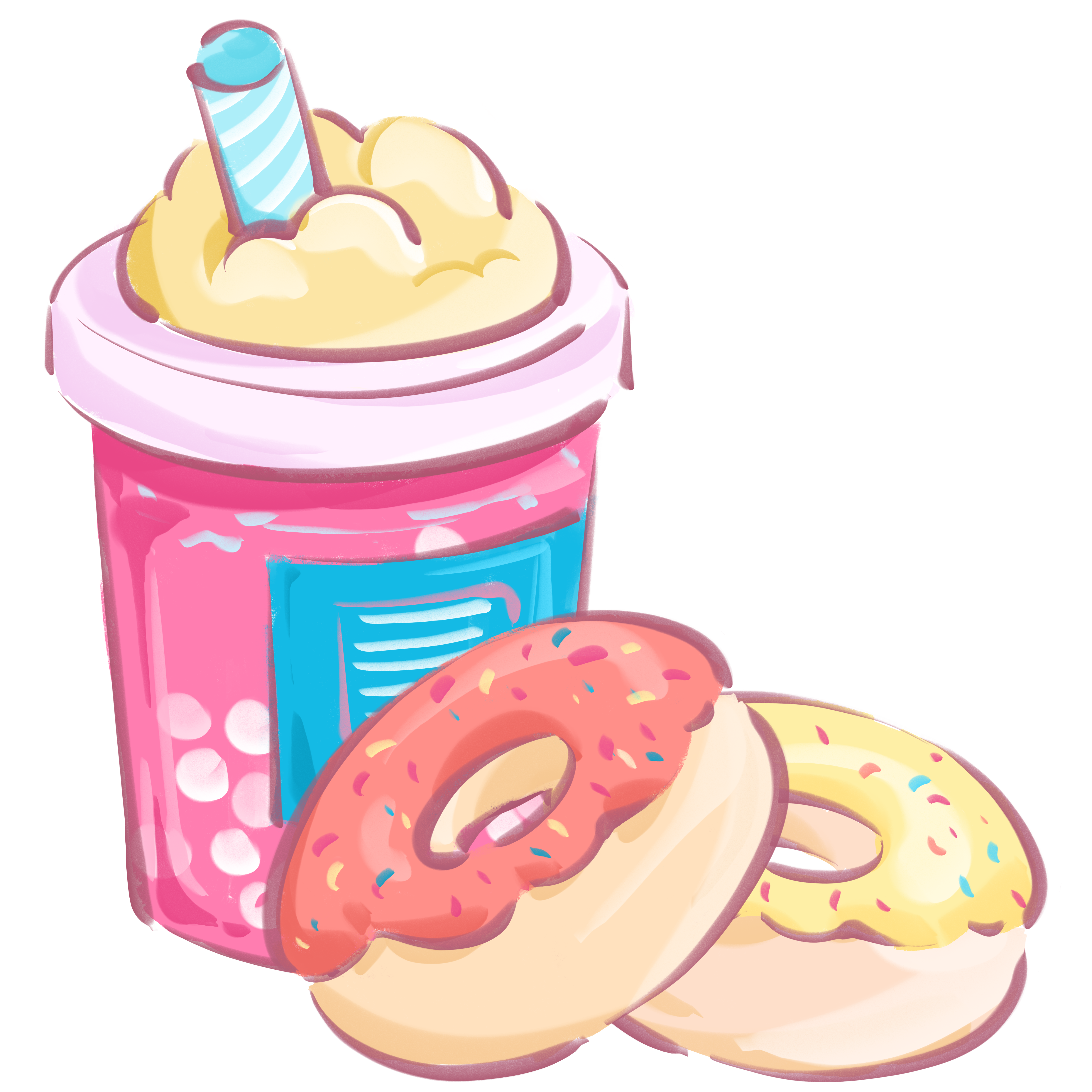 Hand-drawn dopamine food milk tea donut PNG illustration