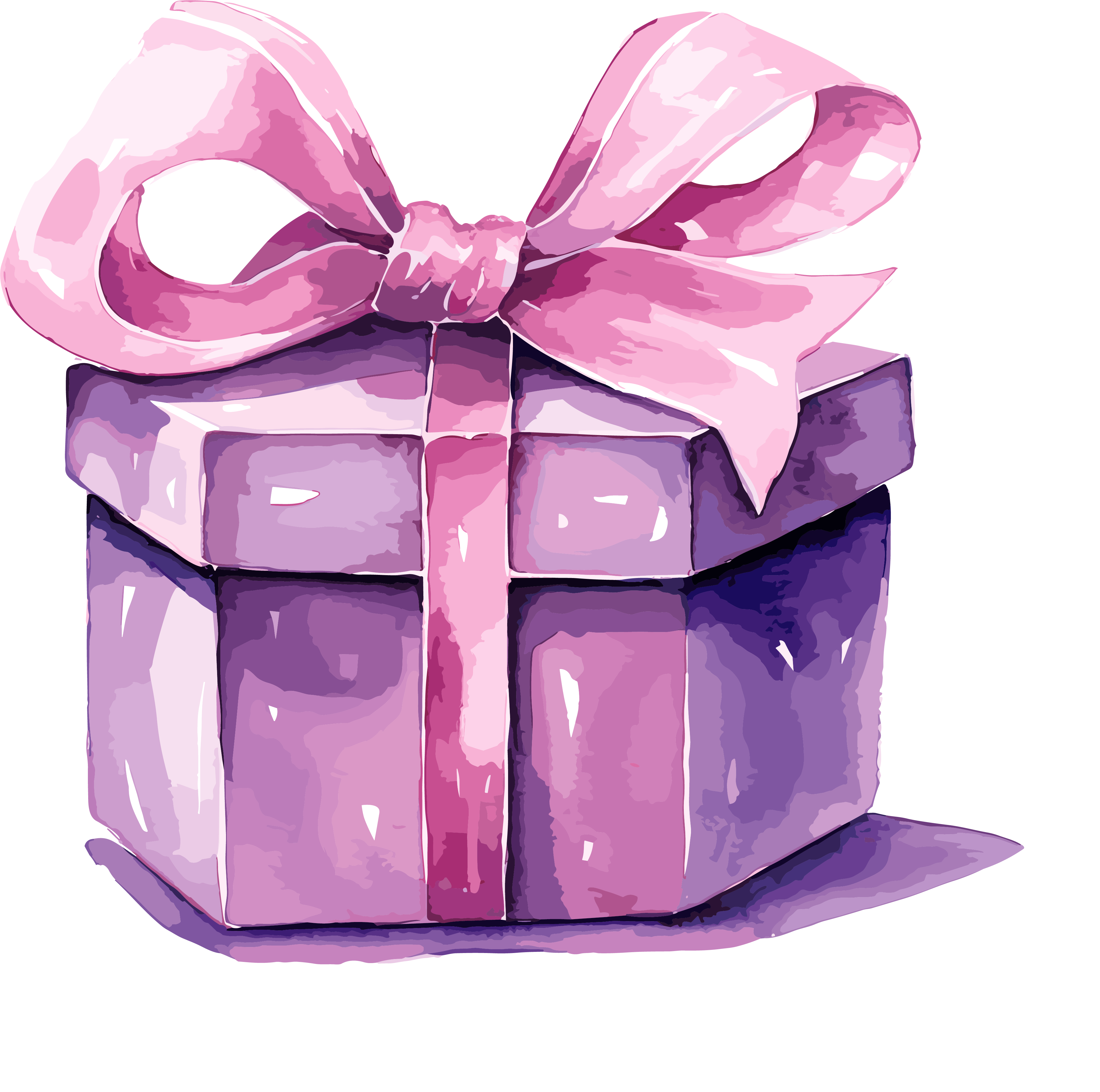 Romantic themed dynamic watercolor painting: a pink bow element tied on a purple box