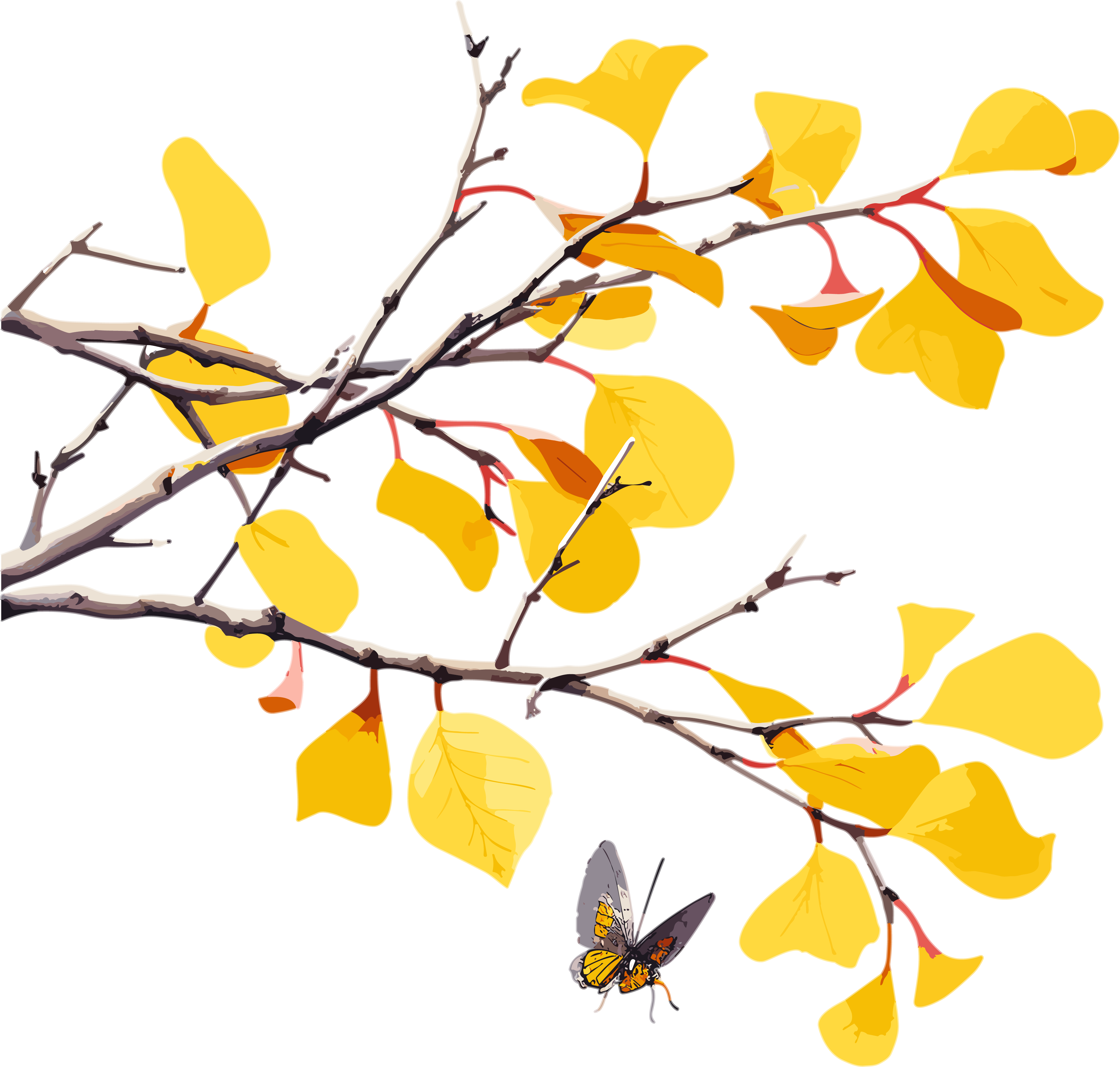 Chinese ink wash style painting of yellow leaves and yellow branches