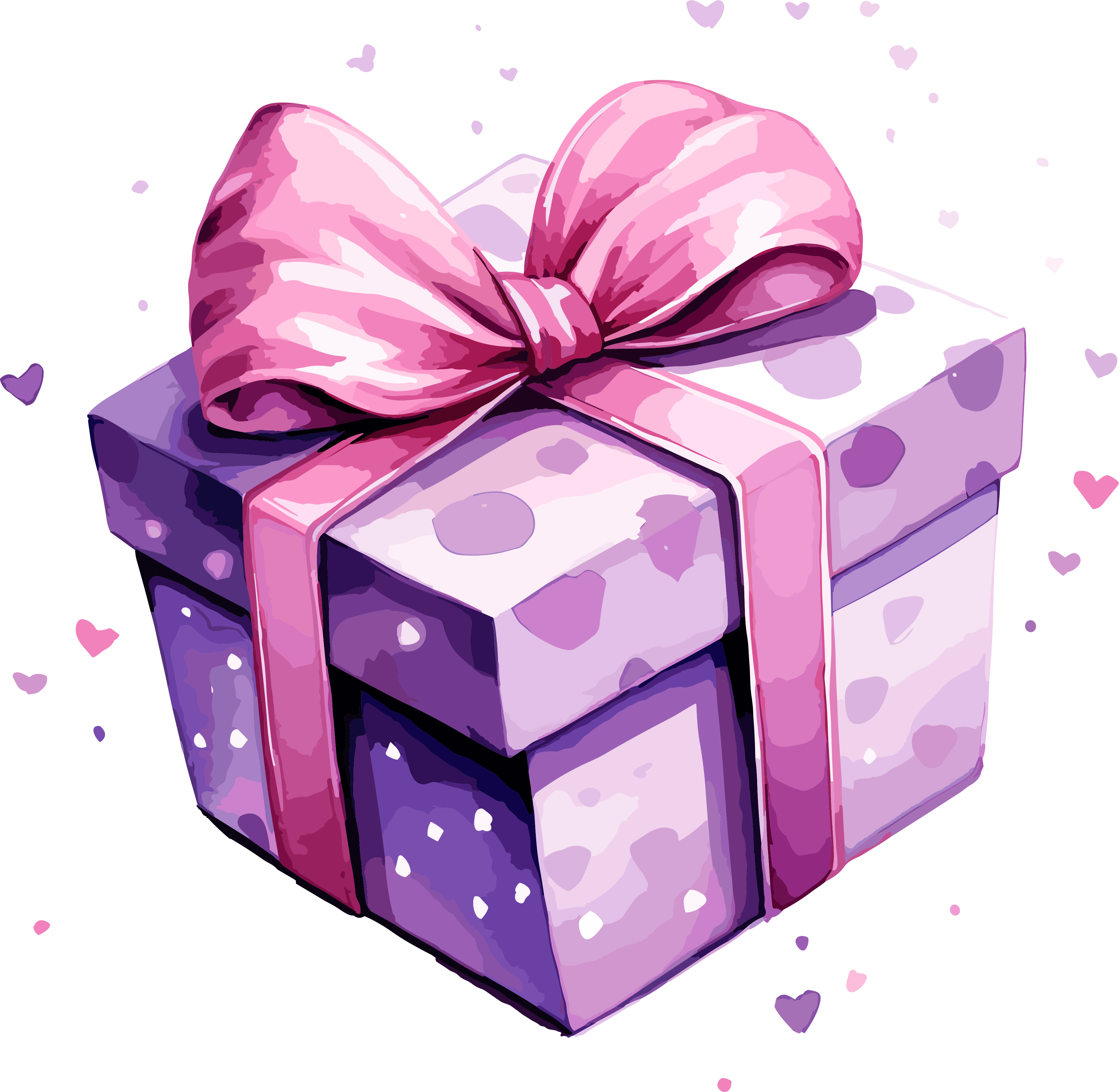 Romantic style purple box with pink bow watercolor elements