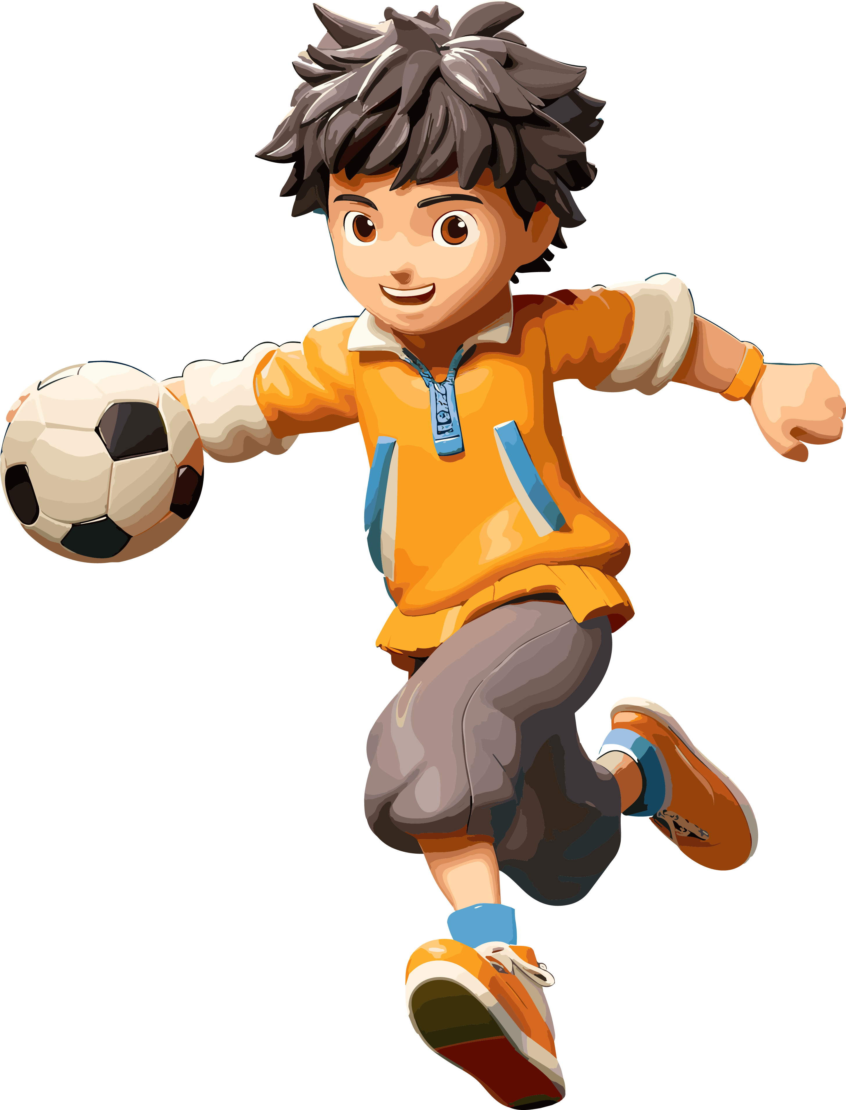 3D boy soccer animation with orange-yellow themed character design
