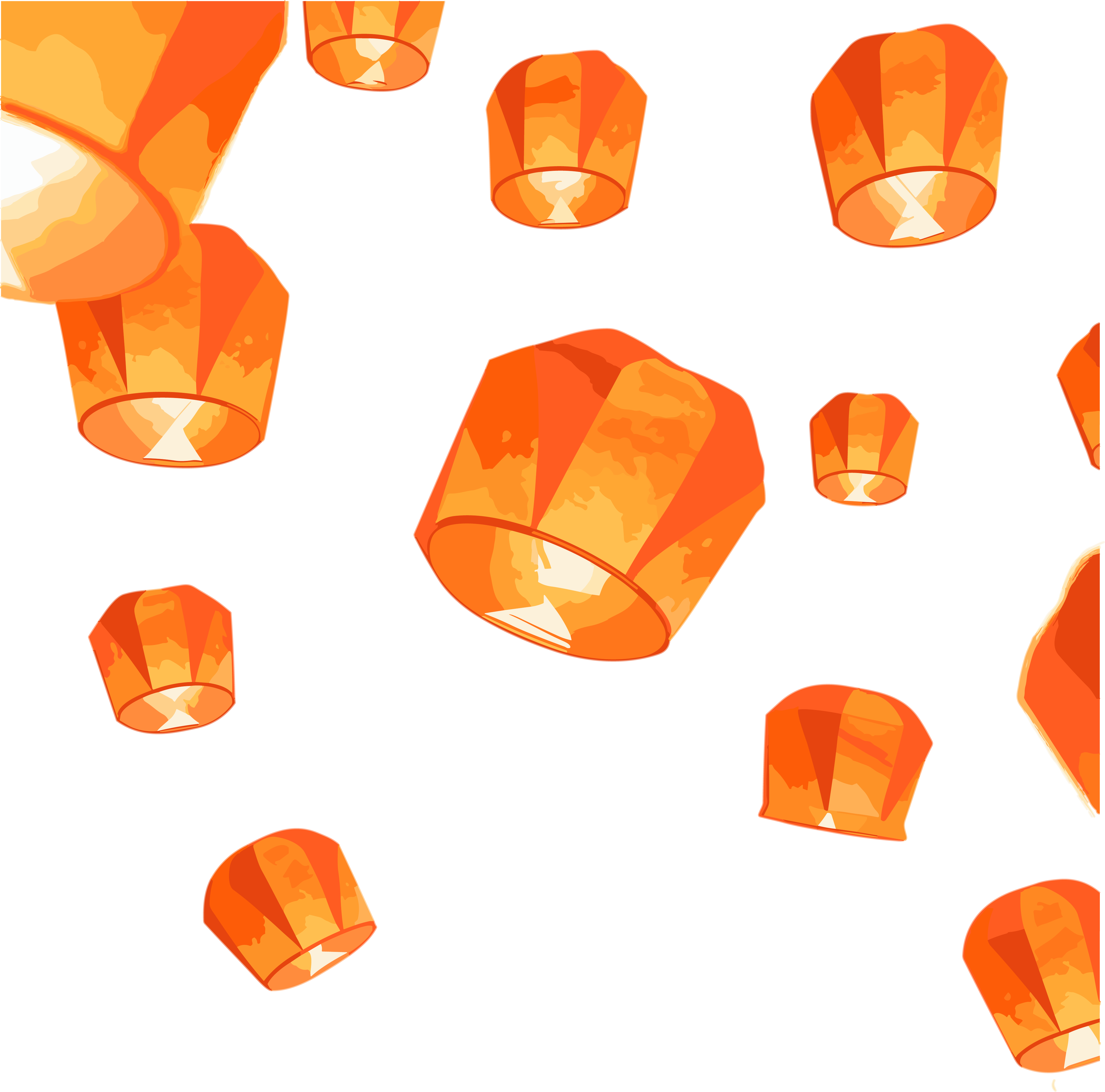 Multiple orange paper lanterns on a white background