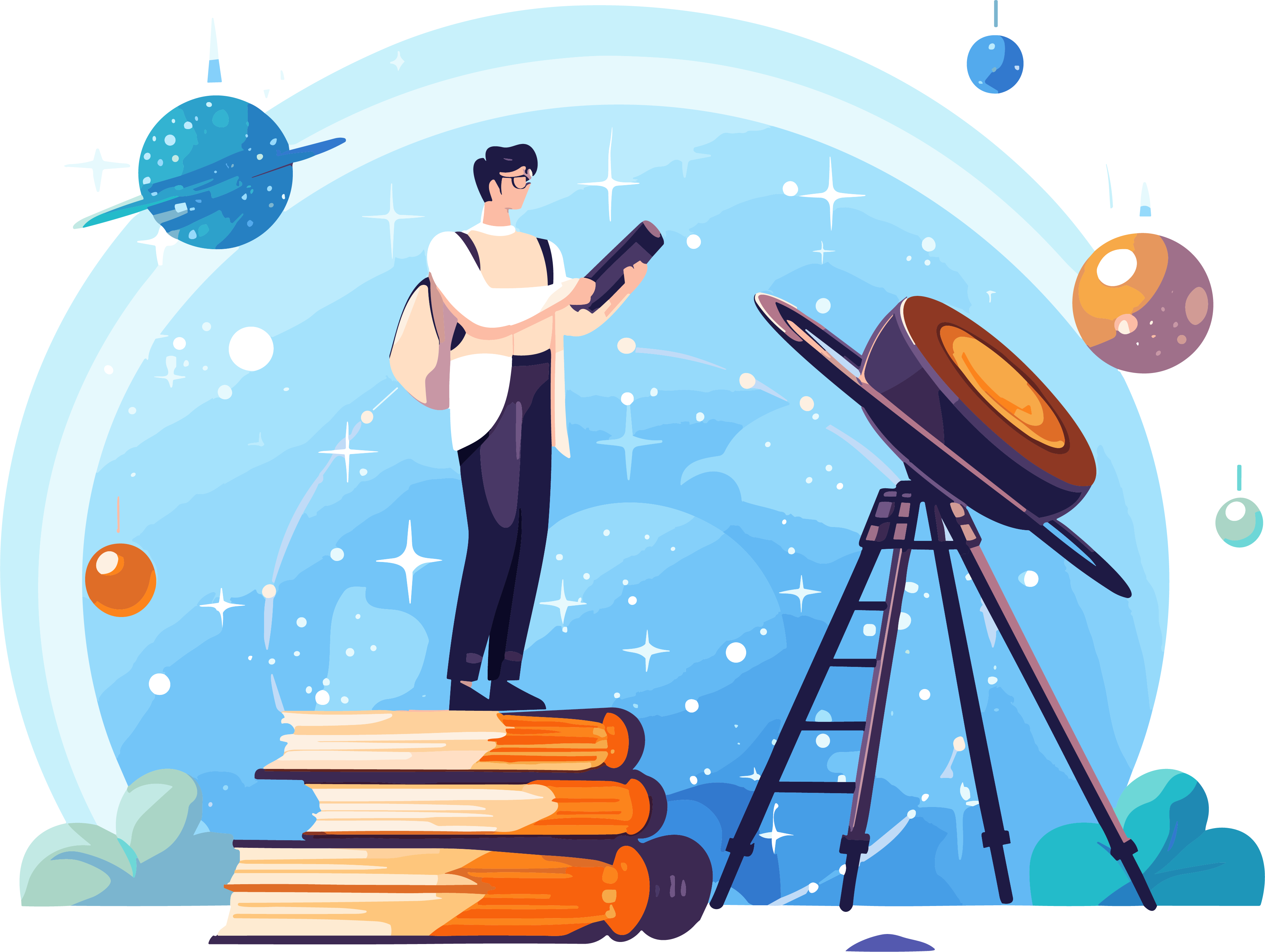 Animated illustrations in a scientific academic style: exploring space materials with a telescope while standing on a book