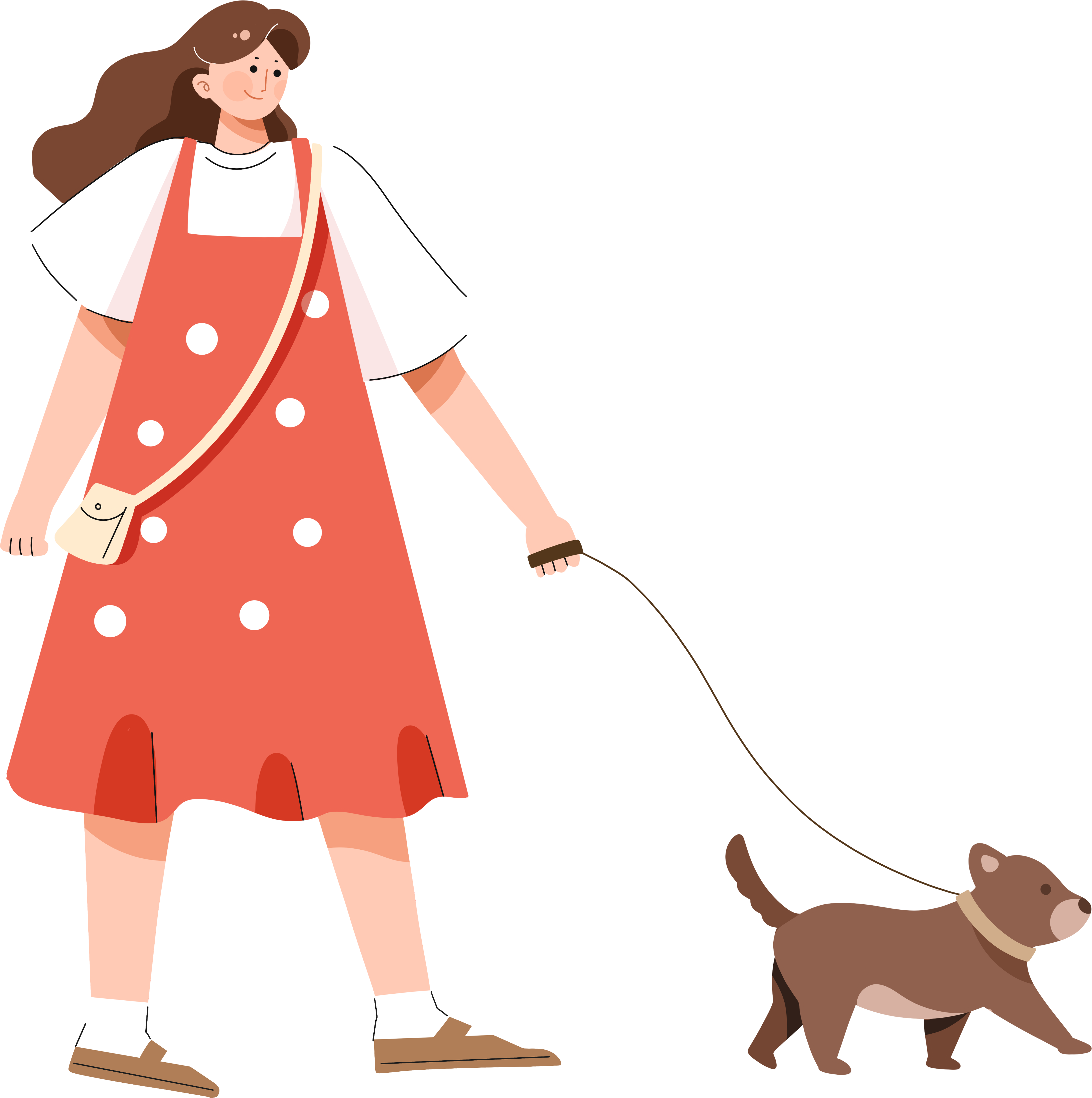 Illustration material of a girl walking a dog in a dress