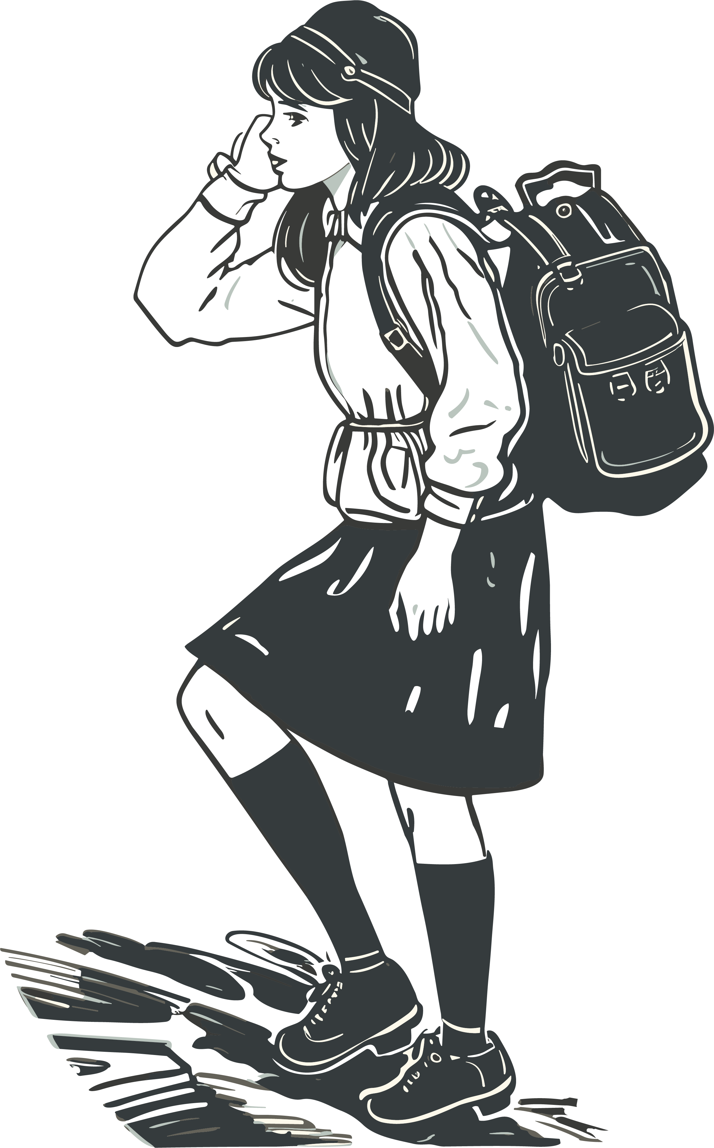 Illustration material of a girl walking in black and white line art style