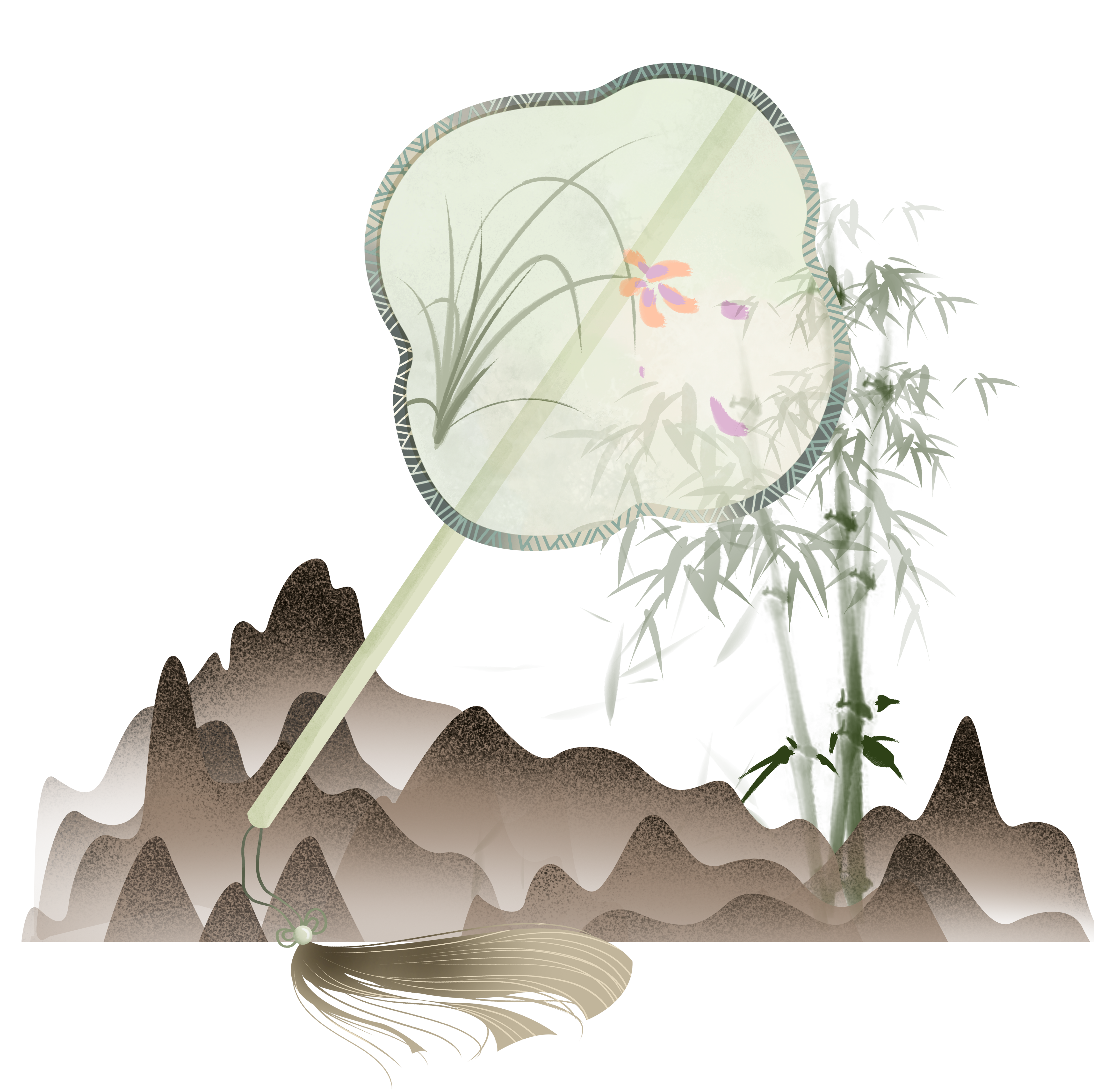 National style light green round fan orchid fan surface PNG illustration