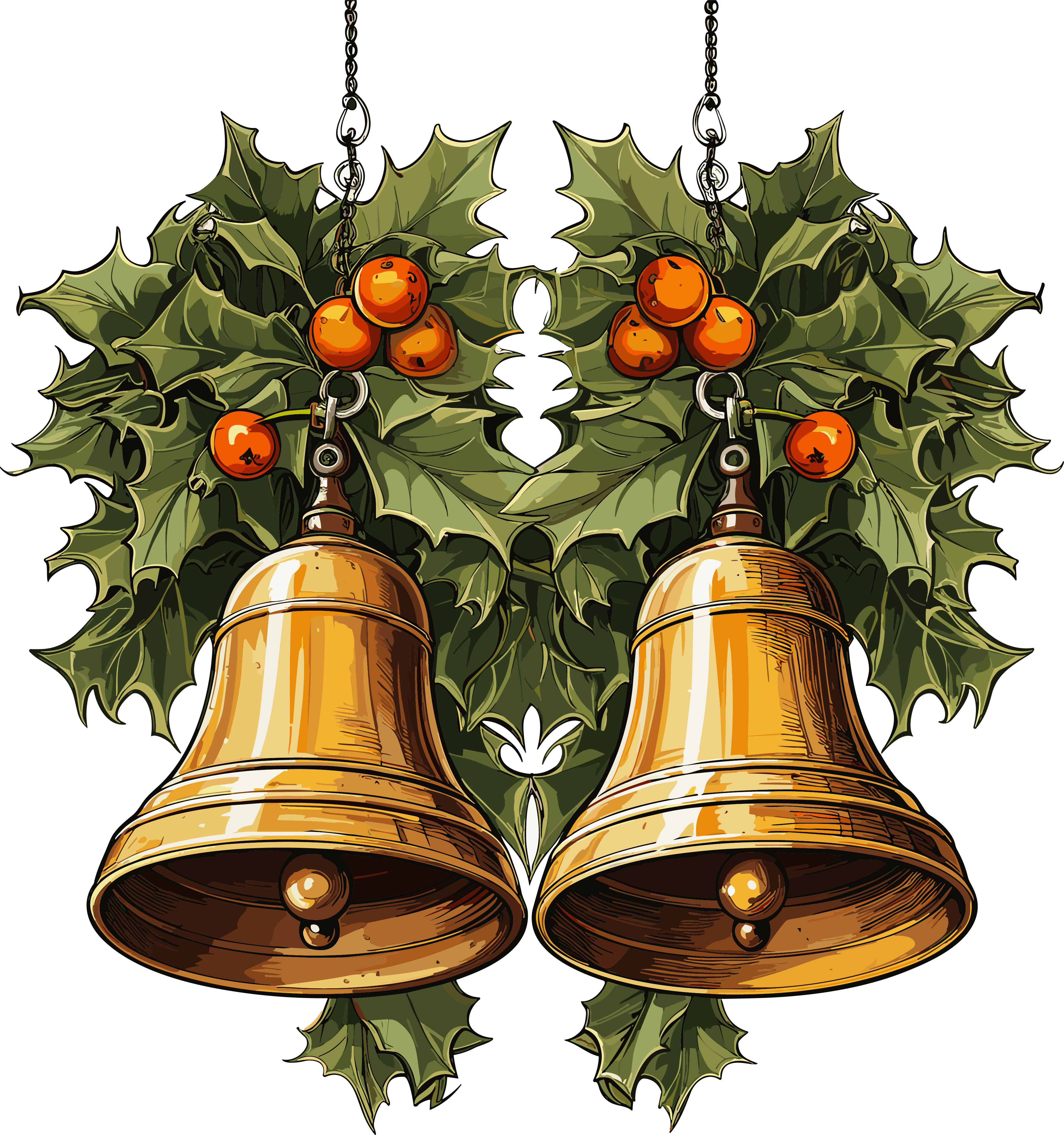 Christmas bells in dynamic shape style with holly leaf elements