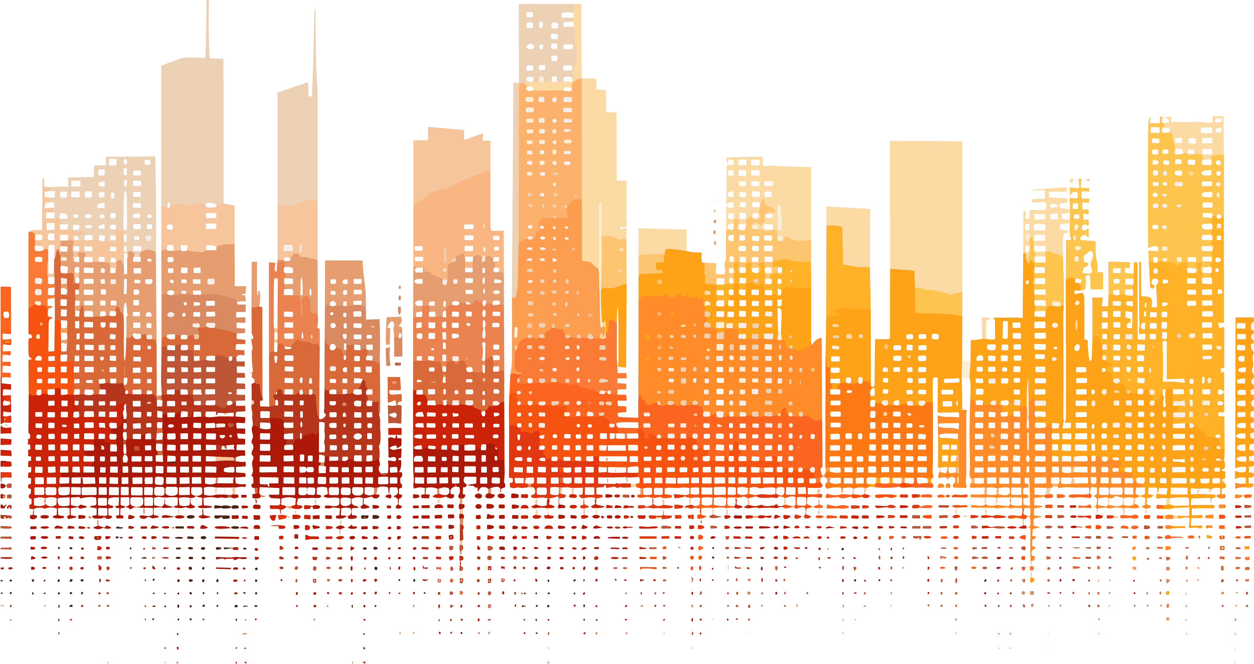 City building illustration with a white background, high horizon, fine steel form, and orange-yellow accents.