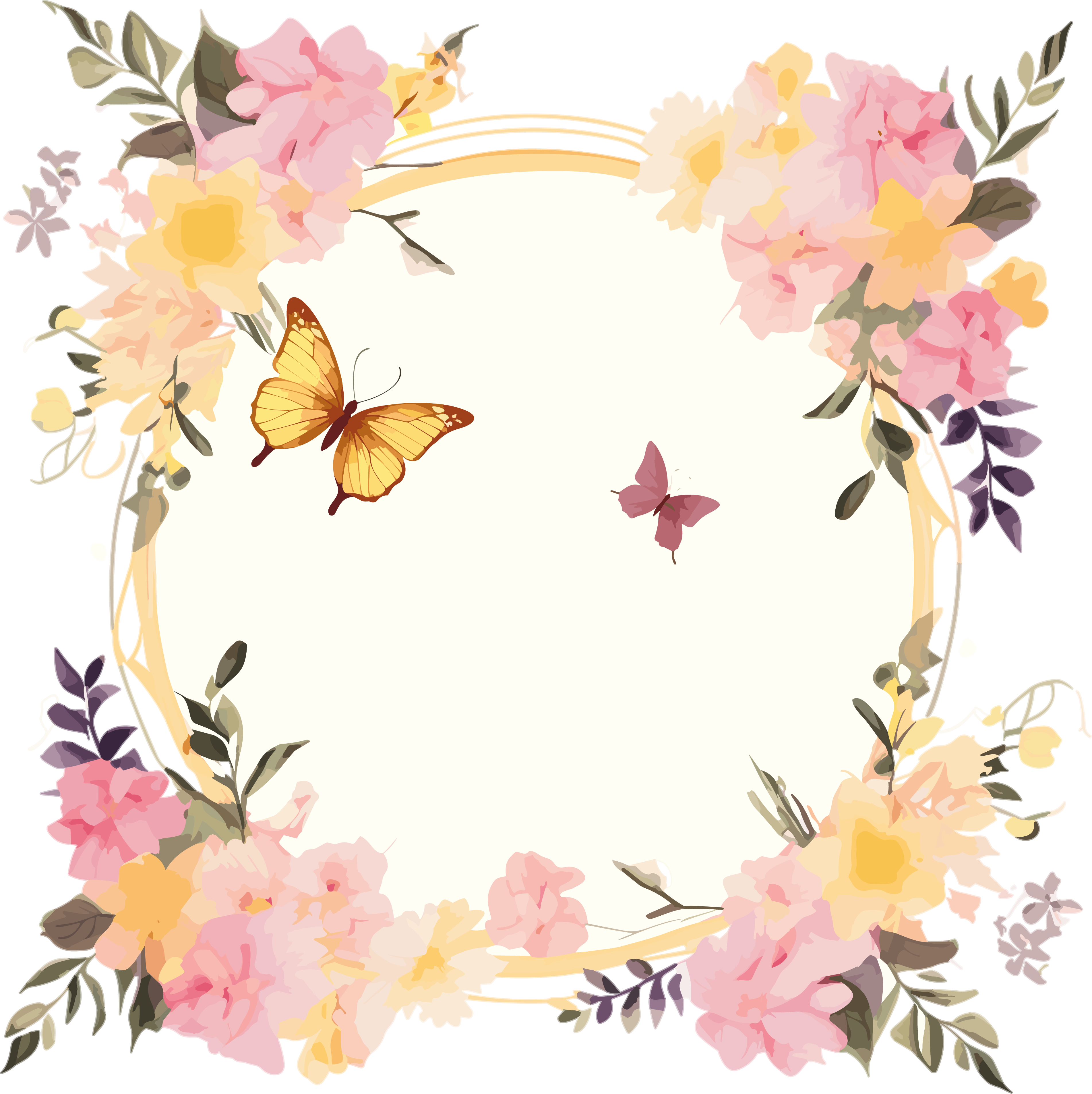 Commercially usable bouquet and butterfly frame hand-drawn illustration