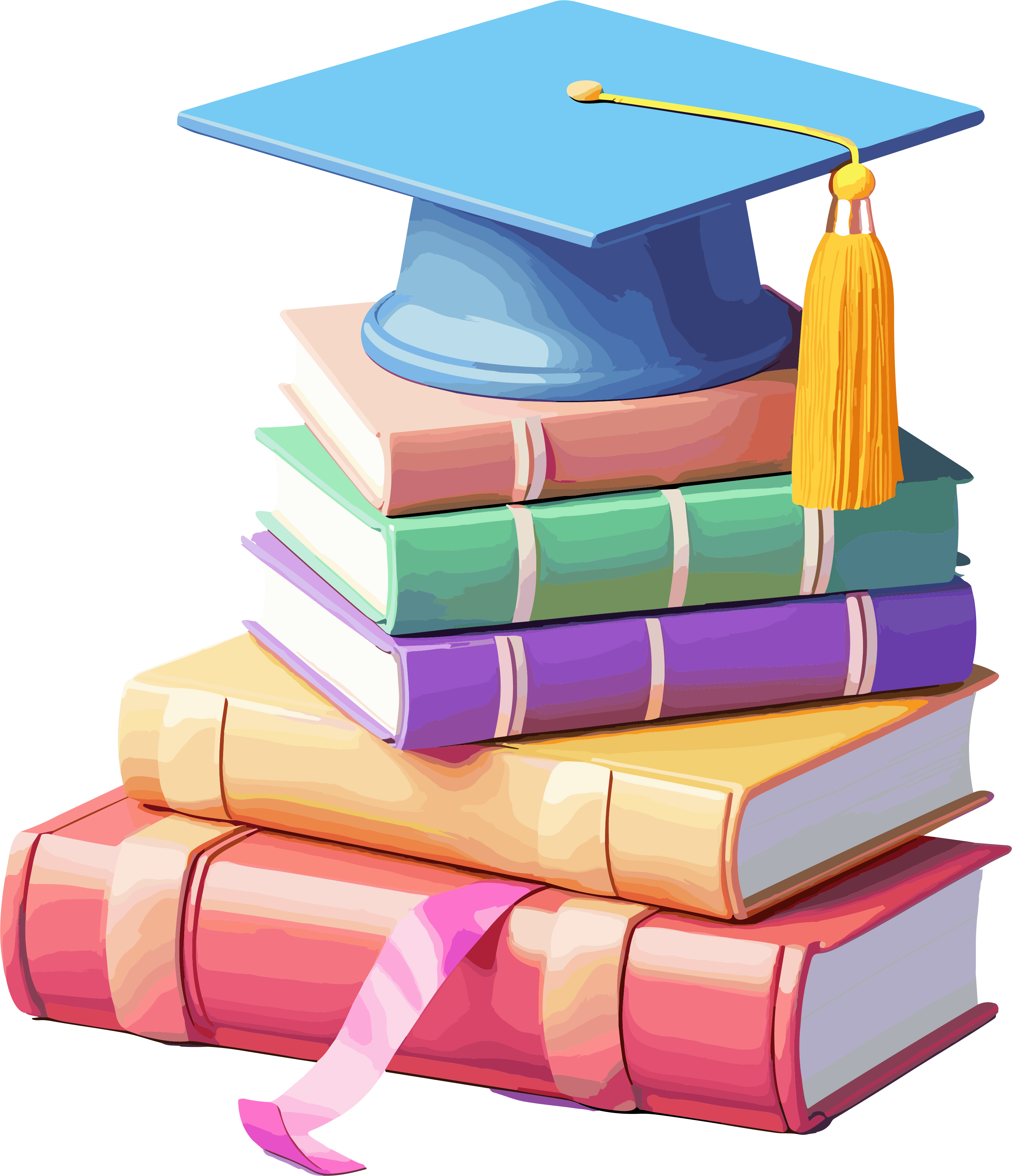 Graduation cap material on a colorful stack of books