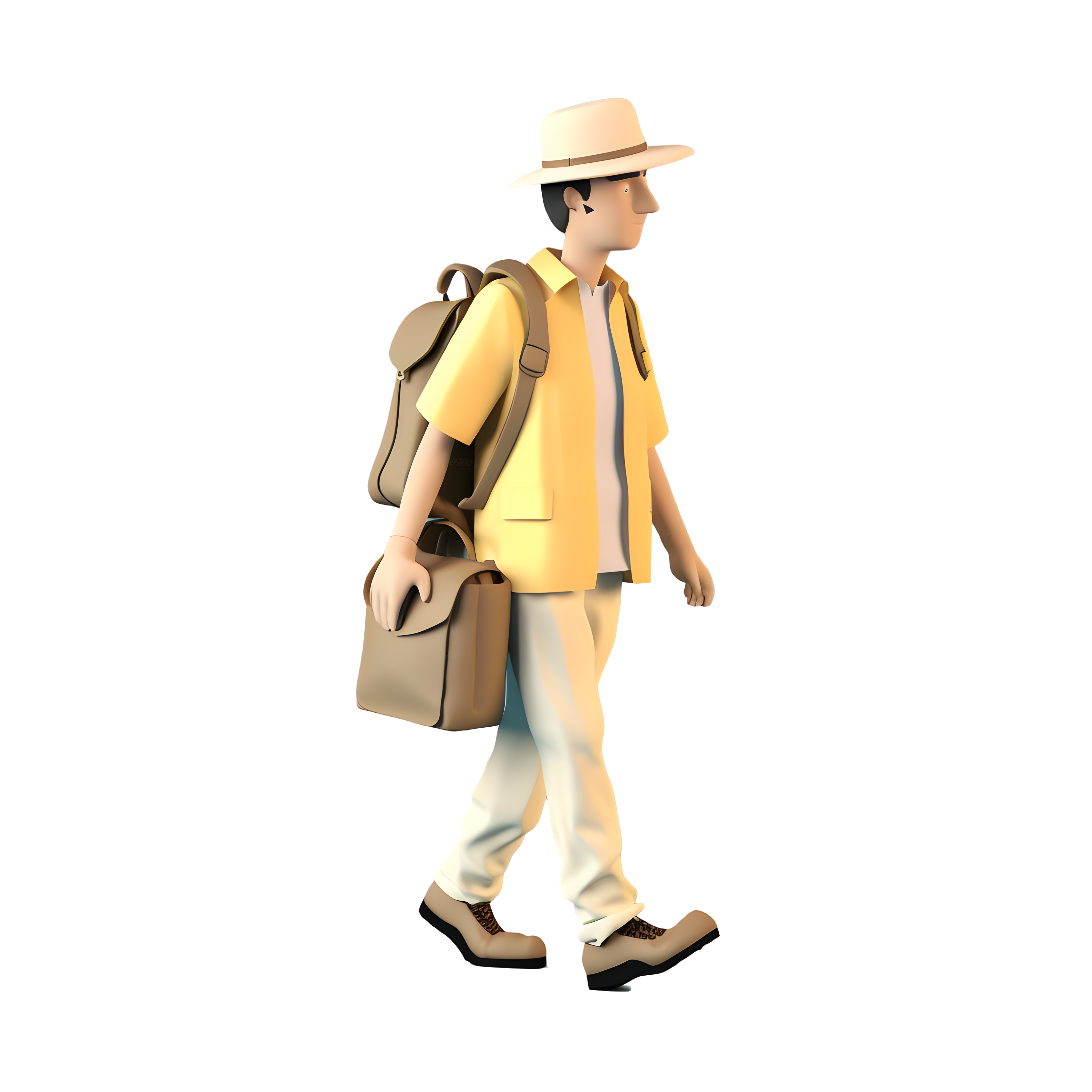 3D image elements of a man in a yellow and beige style with a hood and backpack