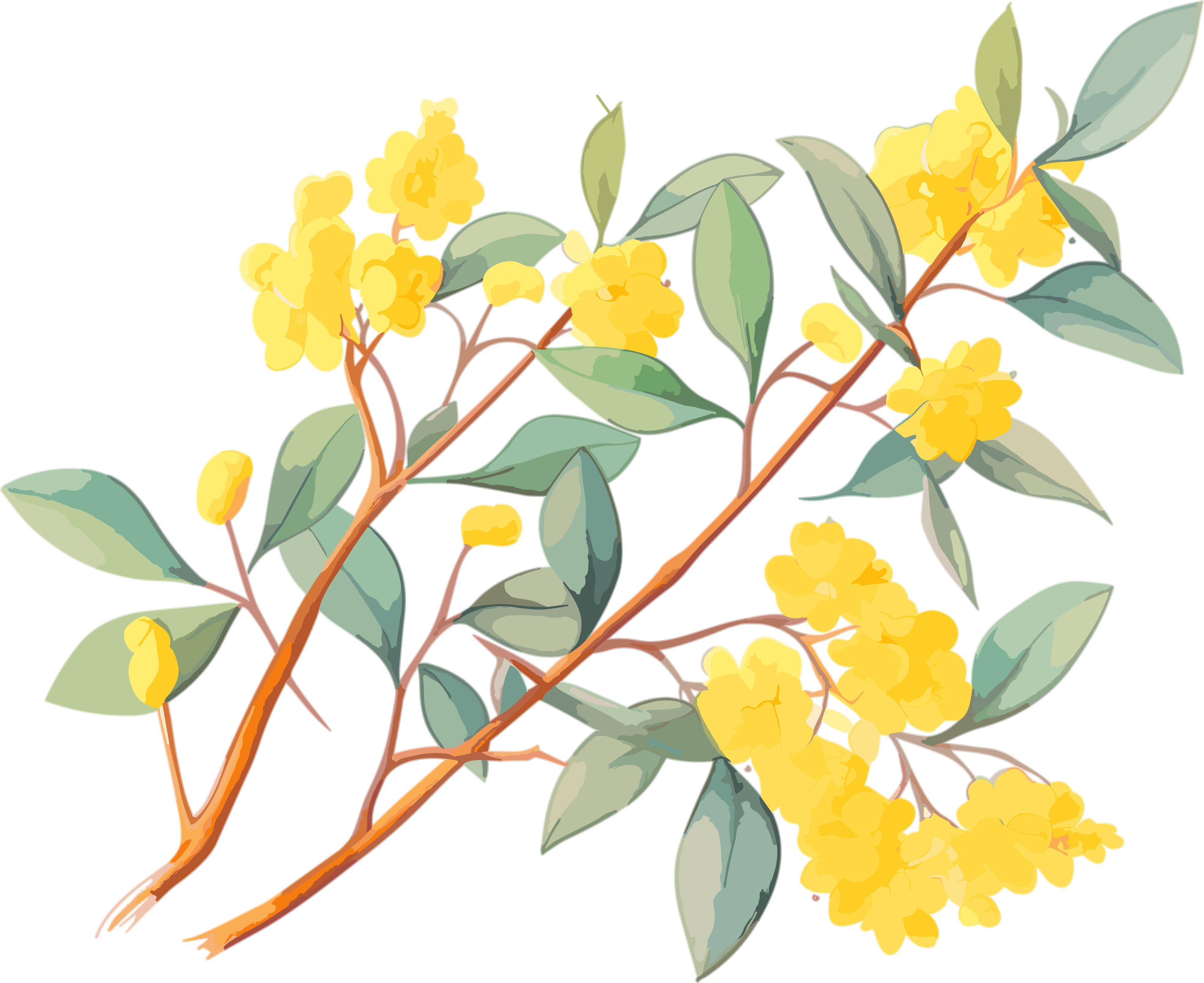 Japanese-style colorful animation still frame yellow eucalyptus branches, leaves, and flower materials