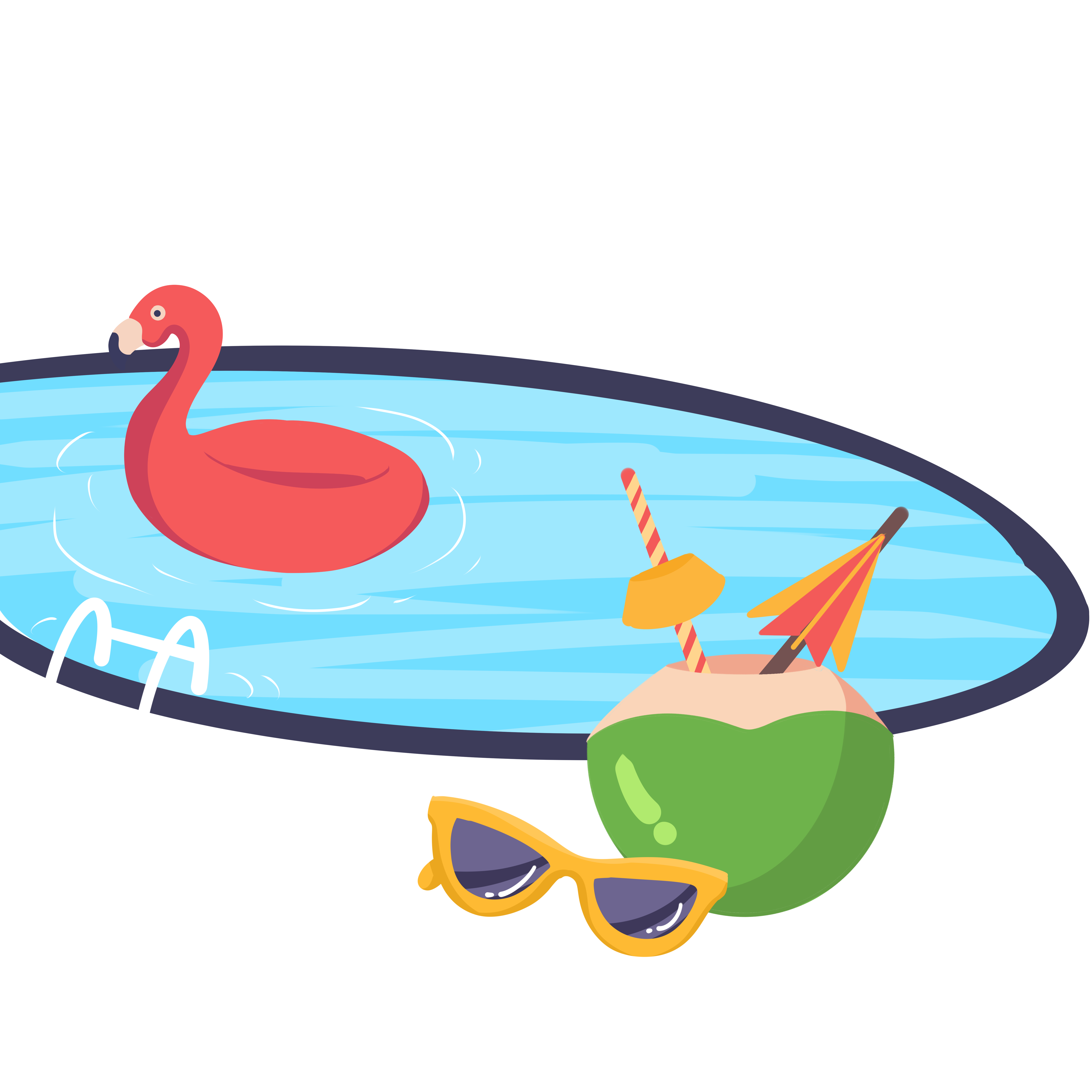 Hand-drawn swimming pool cool coconut water summer lifestyle scene illustration