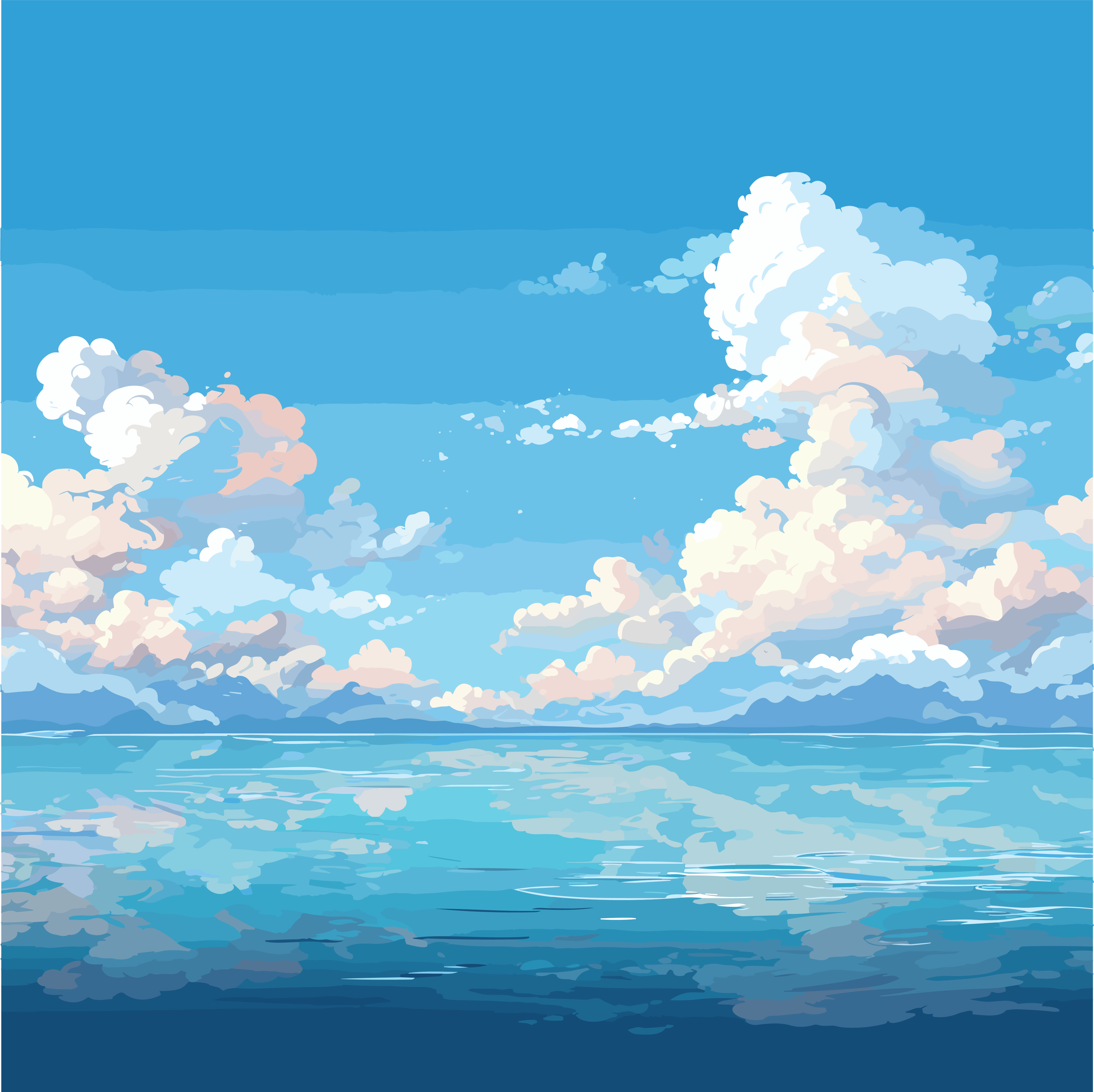 Fresh blue sky, white clouds, ocean vector pastel flat illustration design material