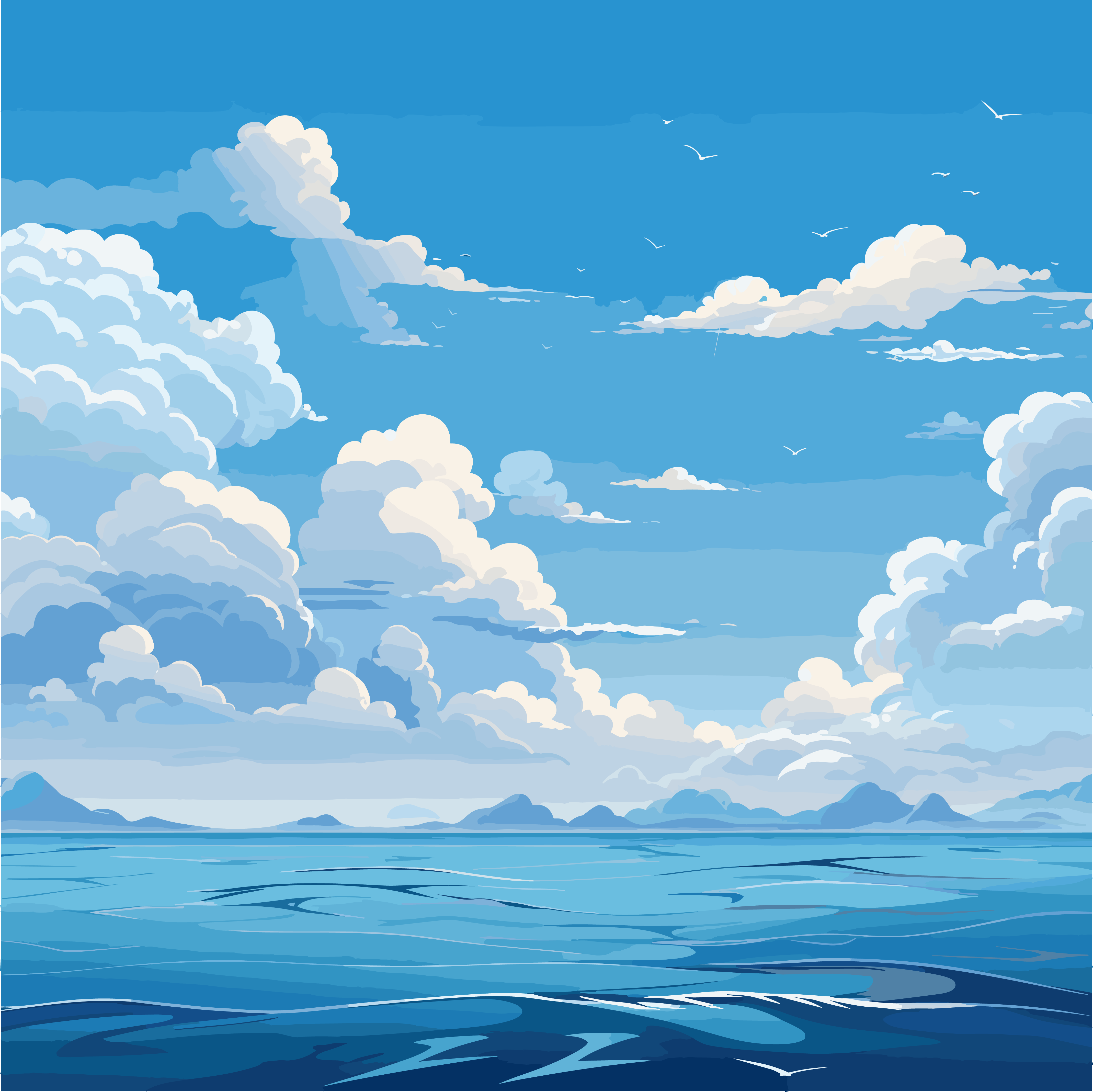Fresh blue sky, white clouds, ocean vector illustration