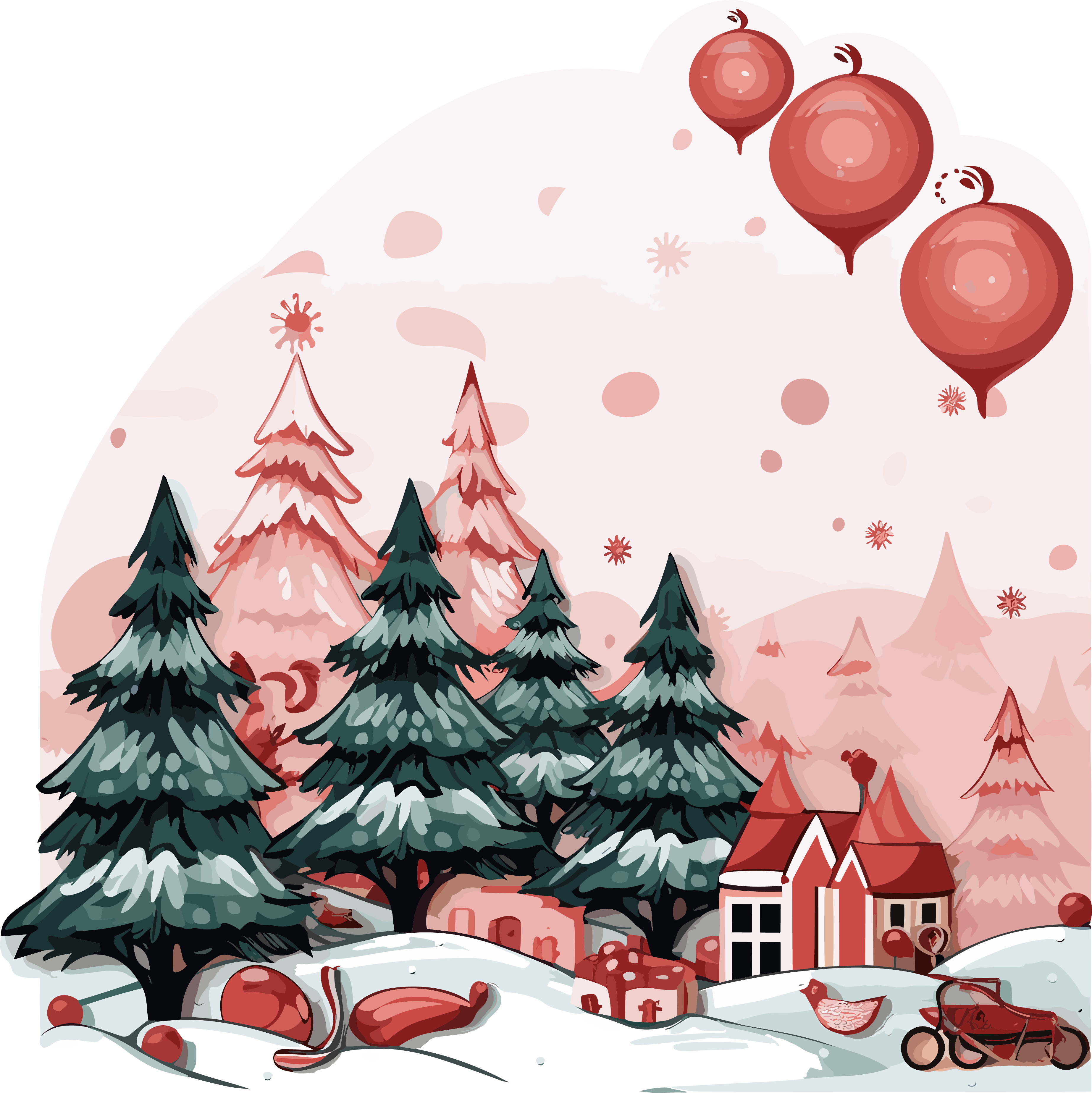 Flat illustration Christmas card elements with a pink transparent background