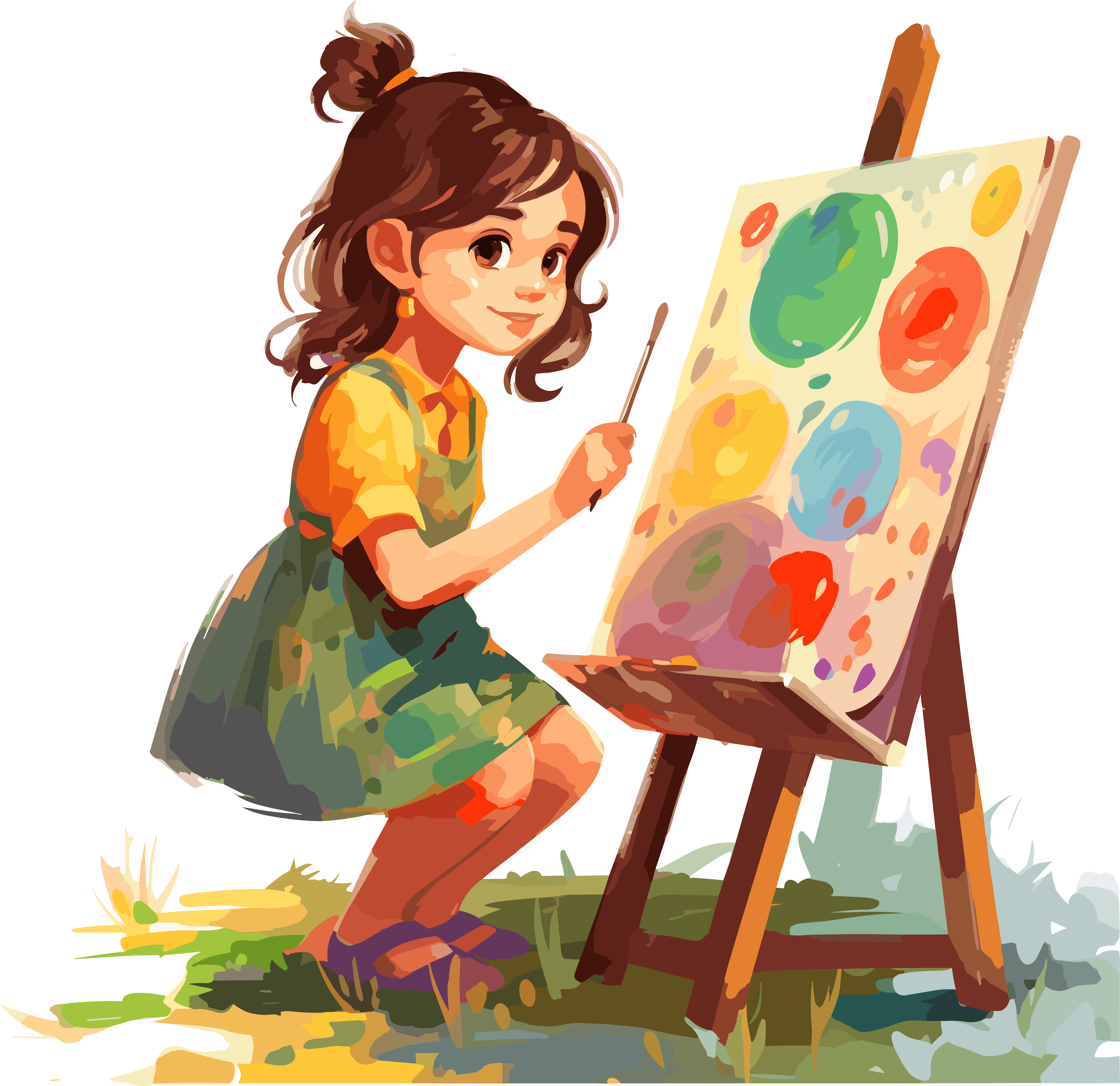 Little girl painting colorful illustration design elements