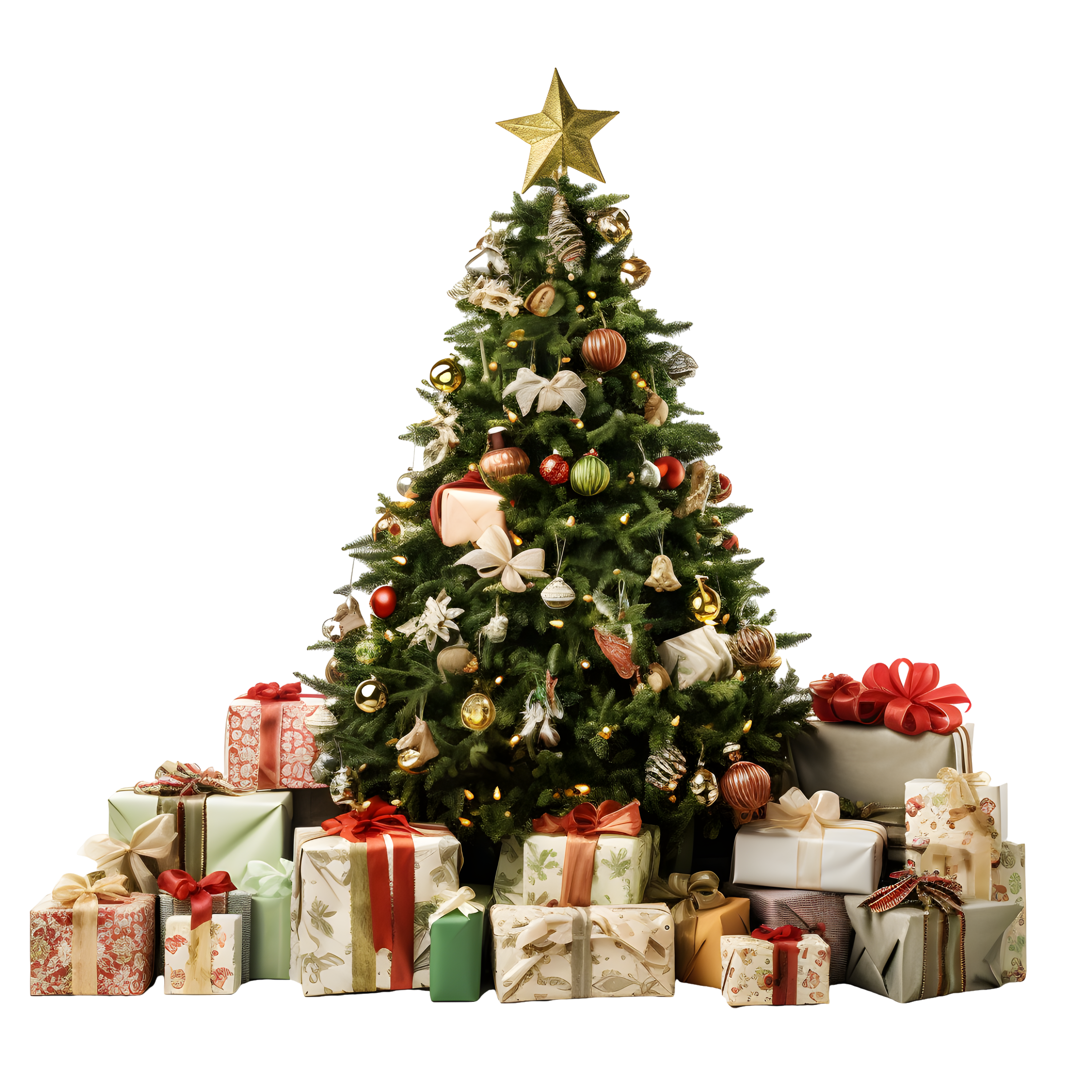 Illustration of a green Christmas tree gift with red and gold decorations