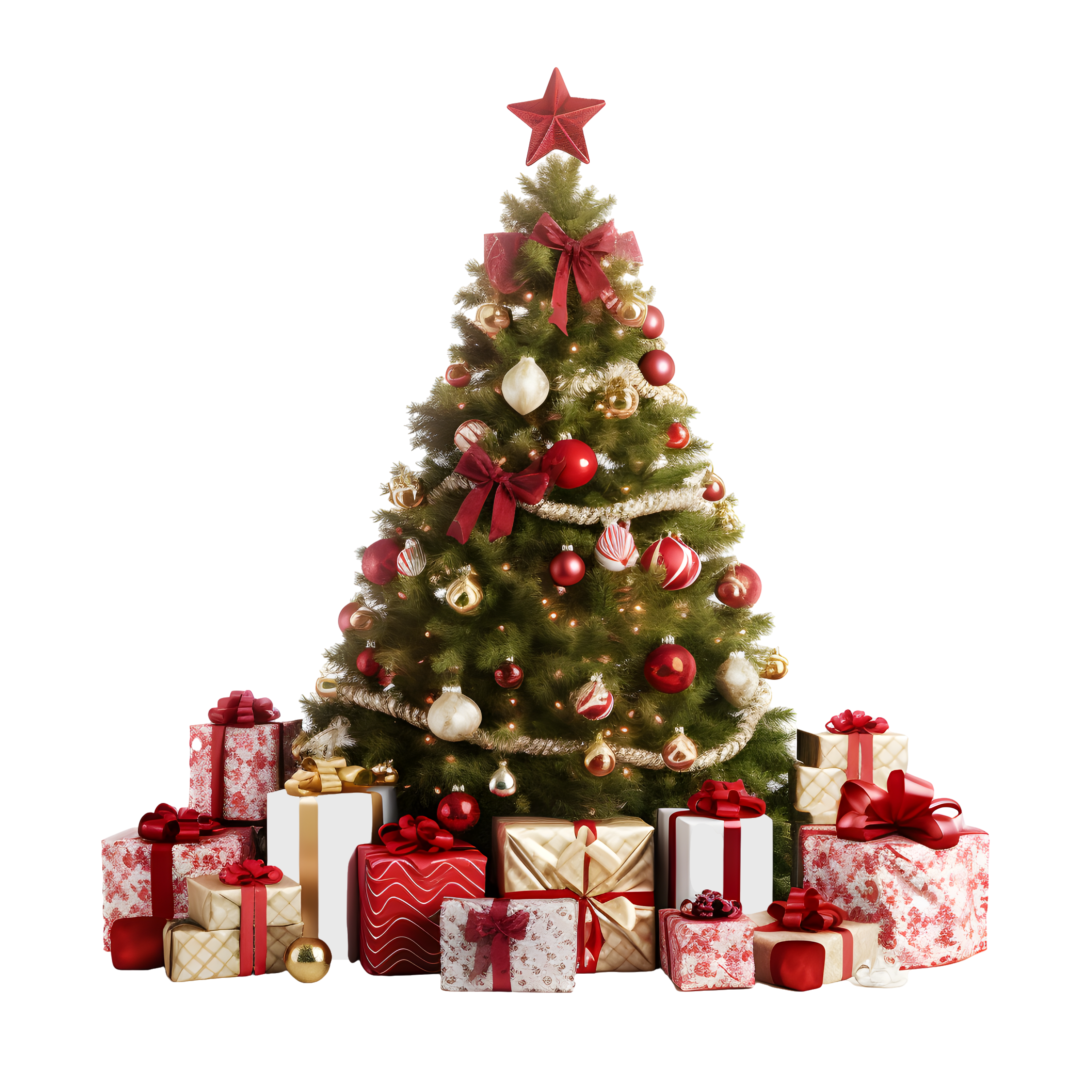 An illustration of a large green Christmas tree with red and gold decorations