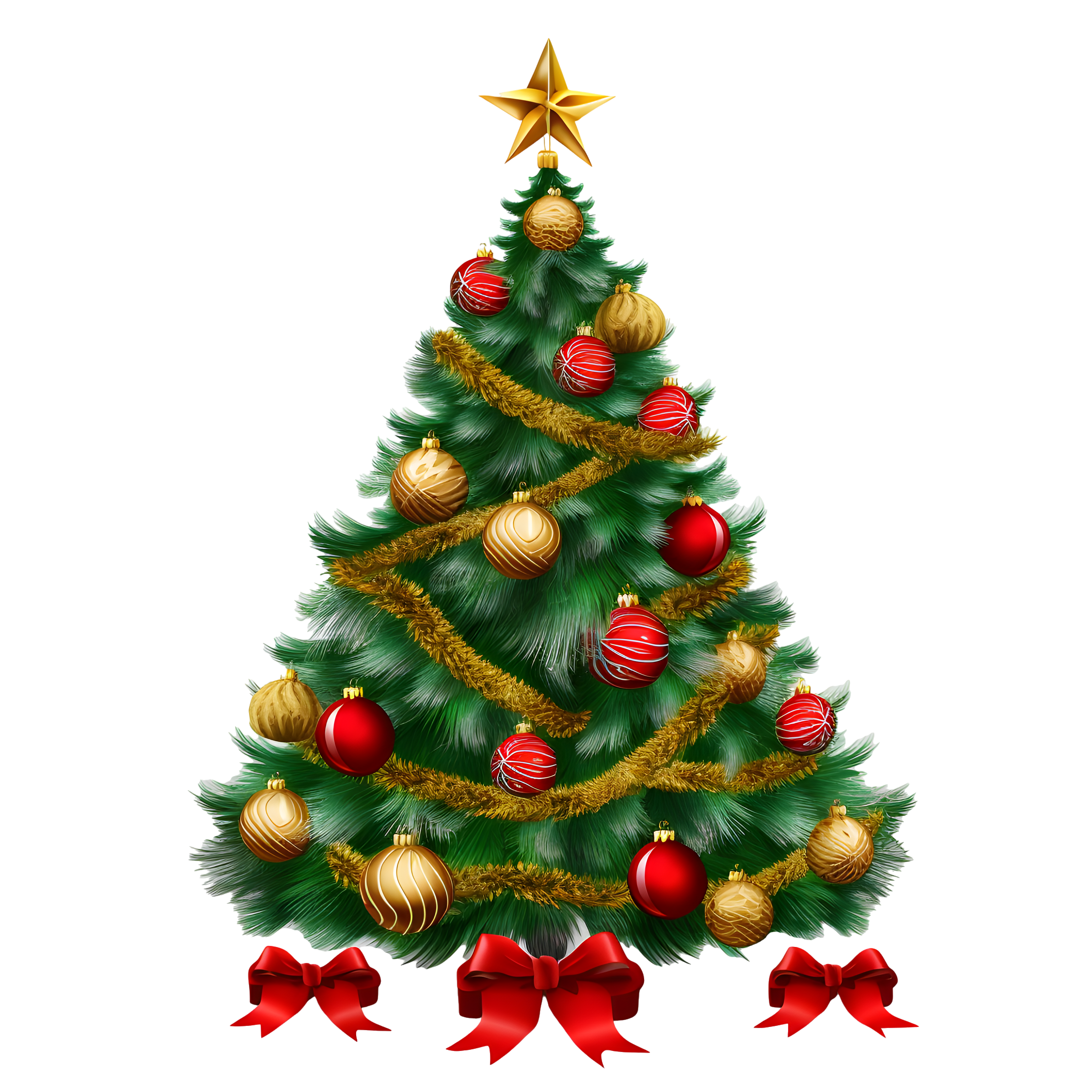 Large green Christmas tree material with realistic style red and gold decorations