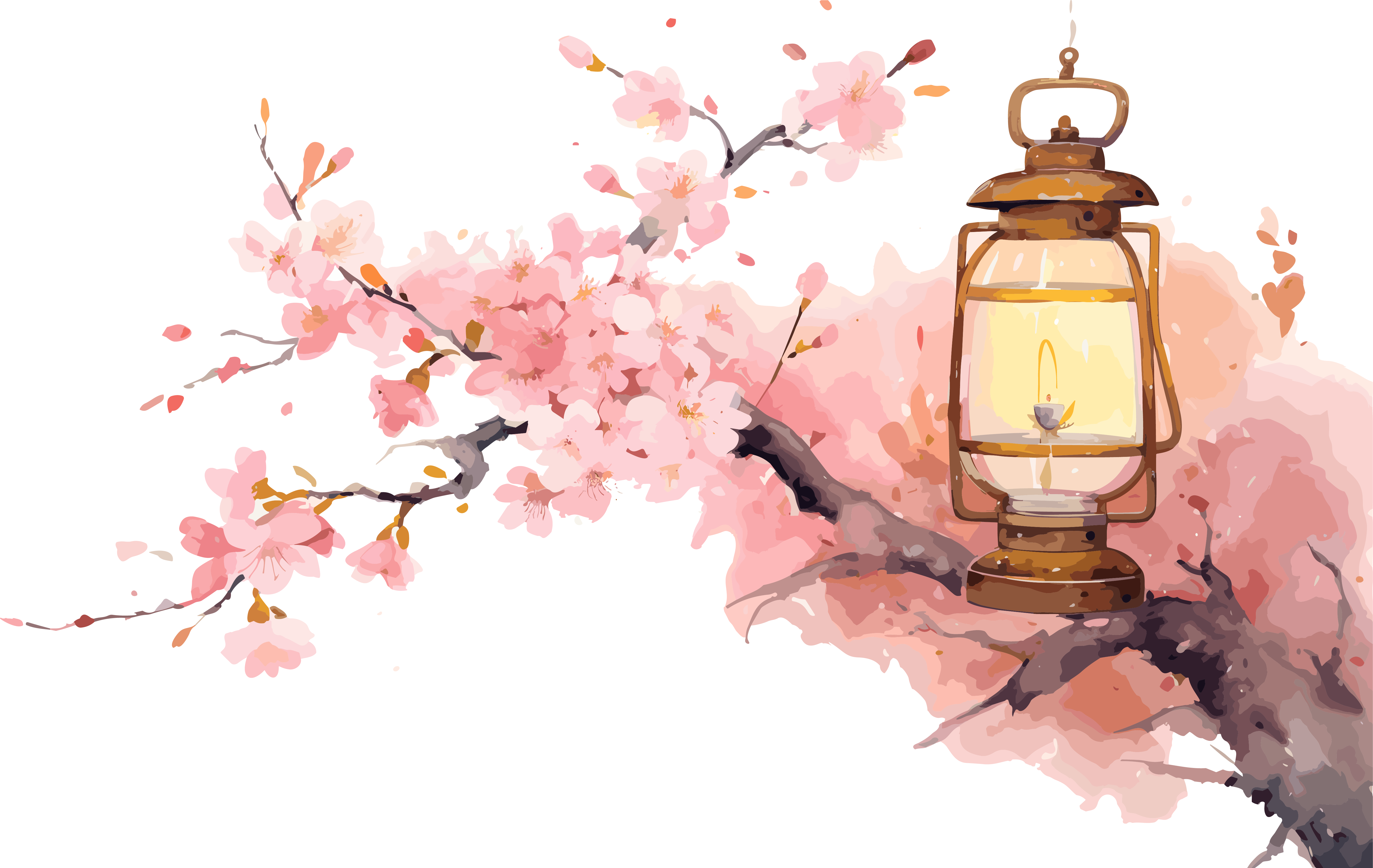 A watercolor background depicting flowers and lanterns, styled in light pink and pale amber, featuring insects as the material for the Fujifilm GW690III white background anime.