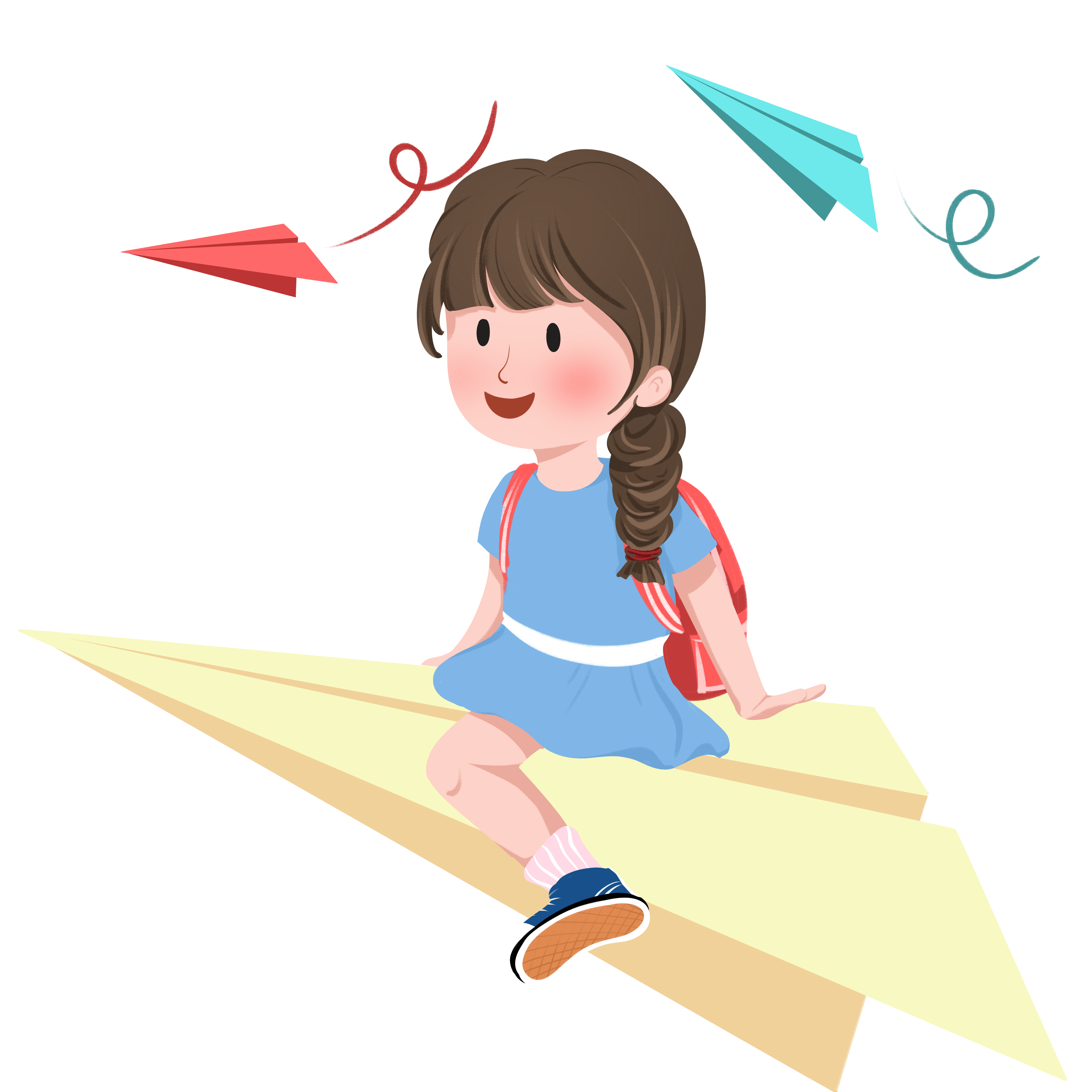 Creative illustration of a girl sitting on a paper airplane during the back-to-school season PNG