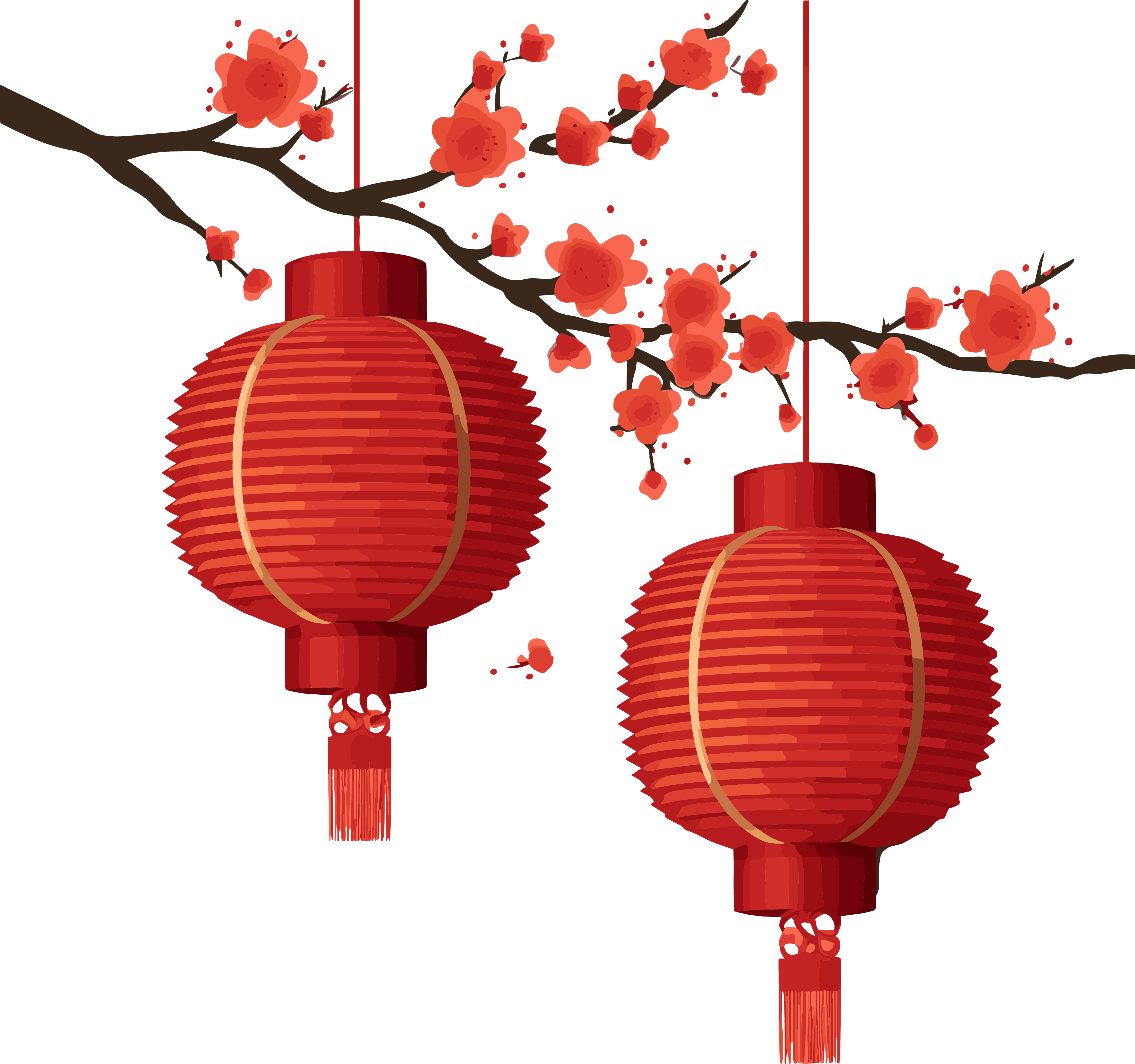An illustration of two red lanterns hanging on a tree in Asia
