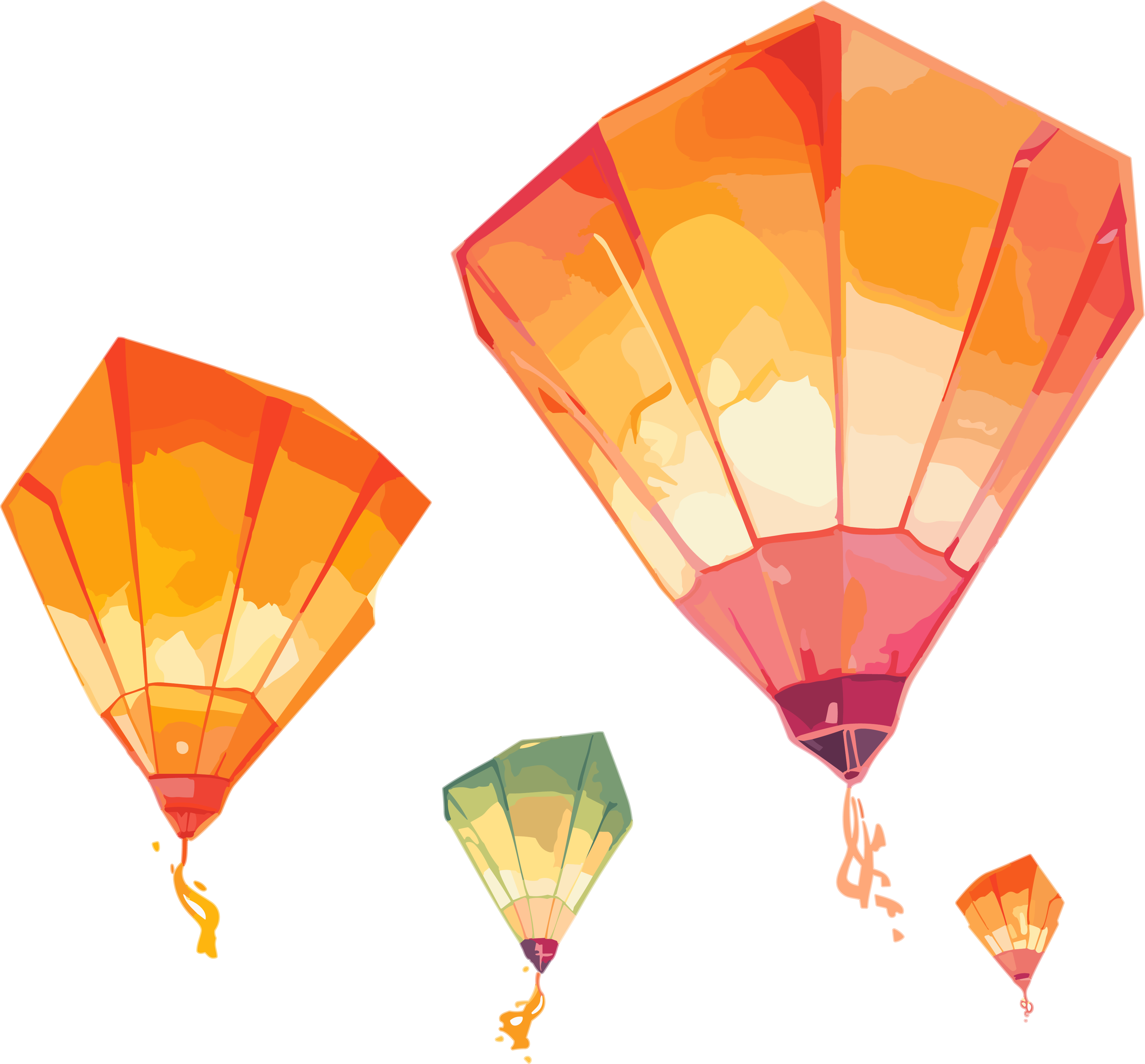 Four green and orange kites in dark pink and light amber style flying against a white background.