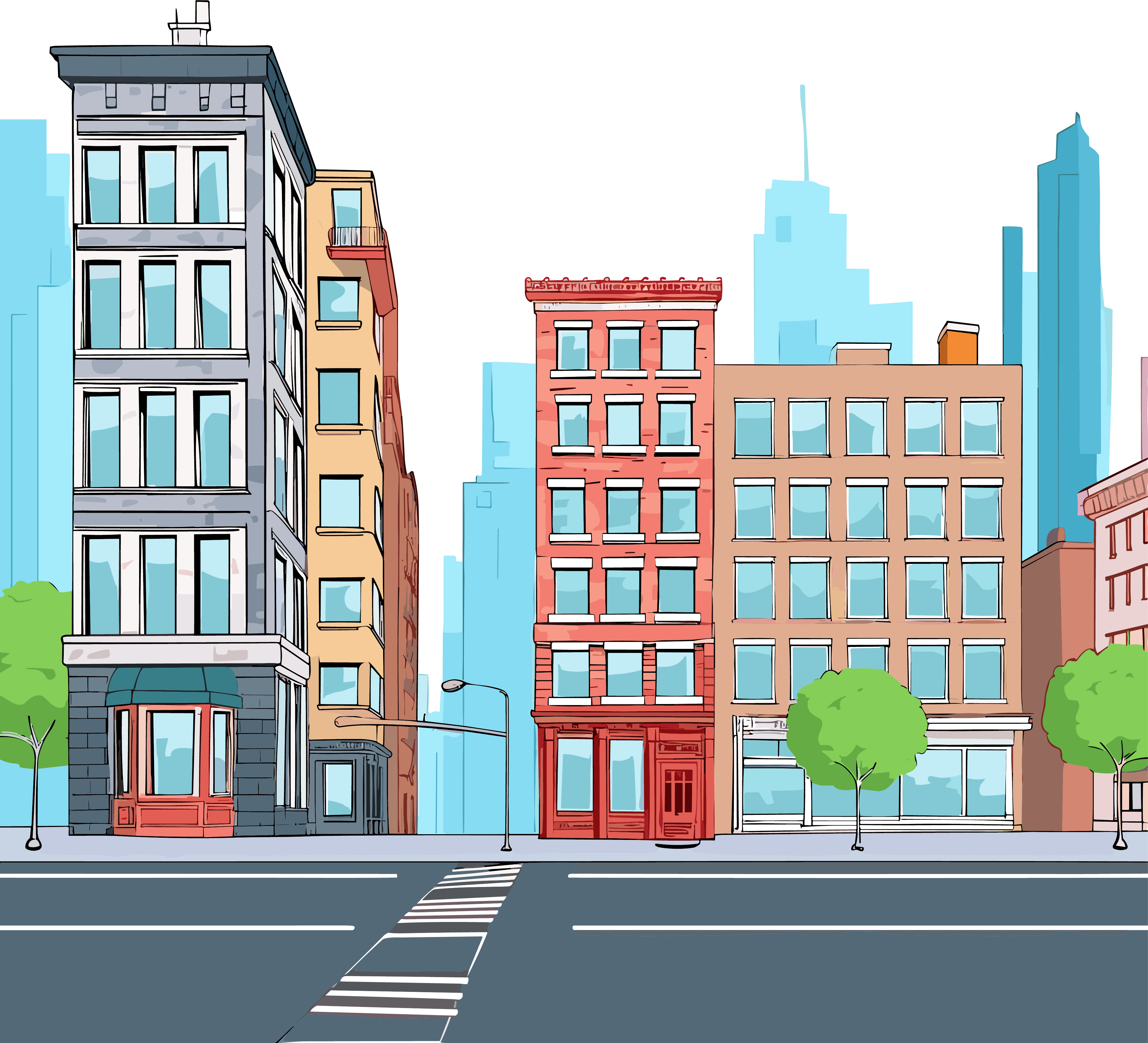Hand-drawn style city street illustration materials