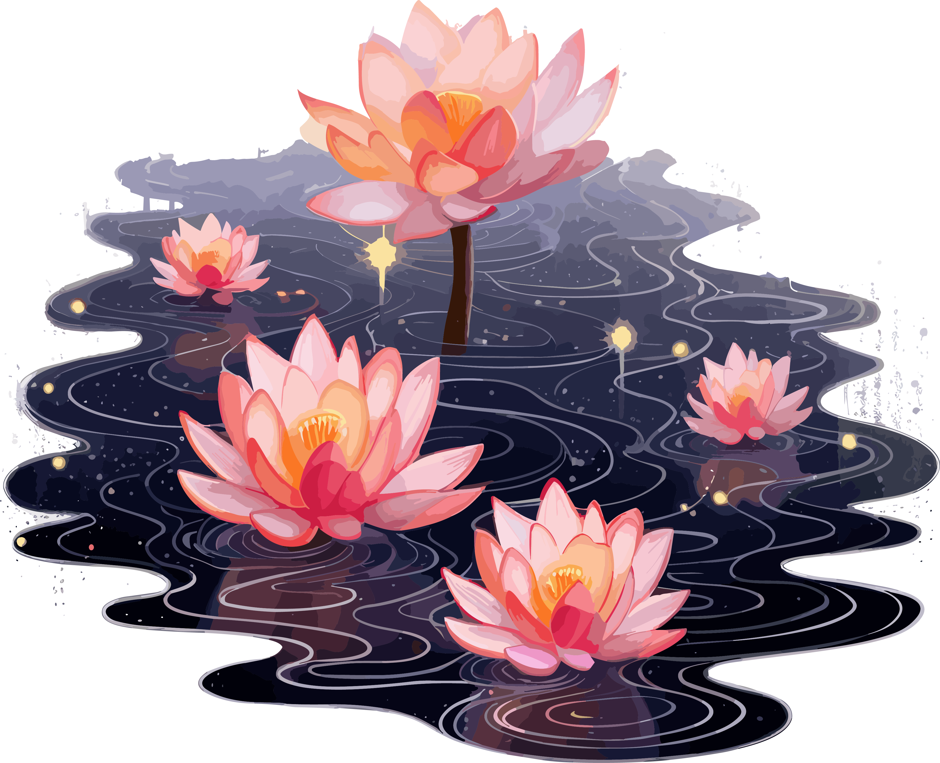 Pink water lily watercolor elements in the style of the Starry Art Troupe